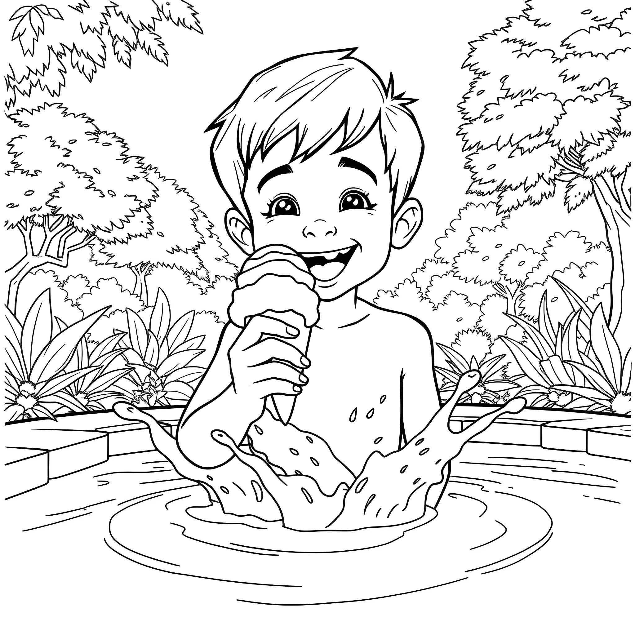 Boy playing happily in the pond Coloring Page (free black-and-white line drawing printable PDF for all, from beginners to advanced learners, including children, teens, adults, and seniors)