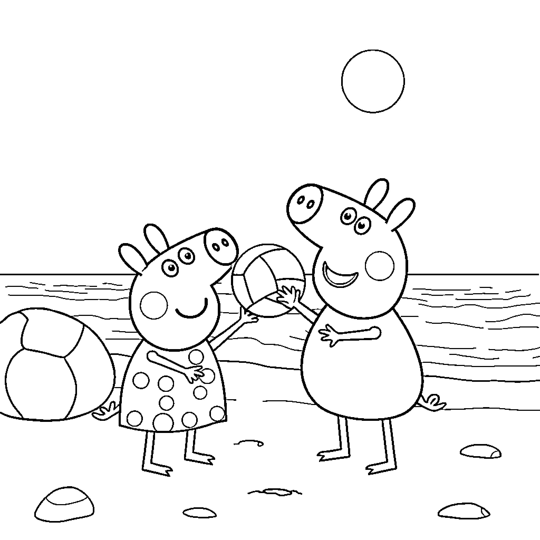 Peppa Pig and friends playing on the beach Coloring Page (free black-and-white line drawing printable PDF for all, from beginners to advanced learners, including children, teens, adults, and seniors)