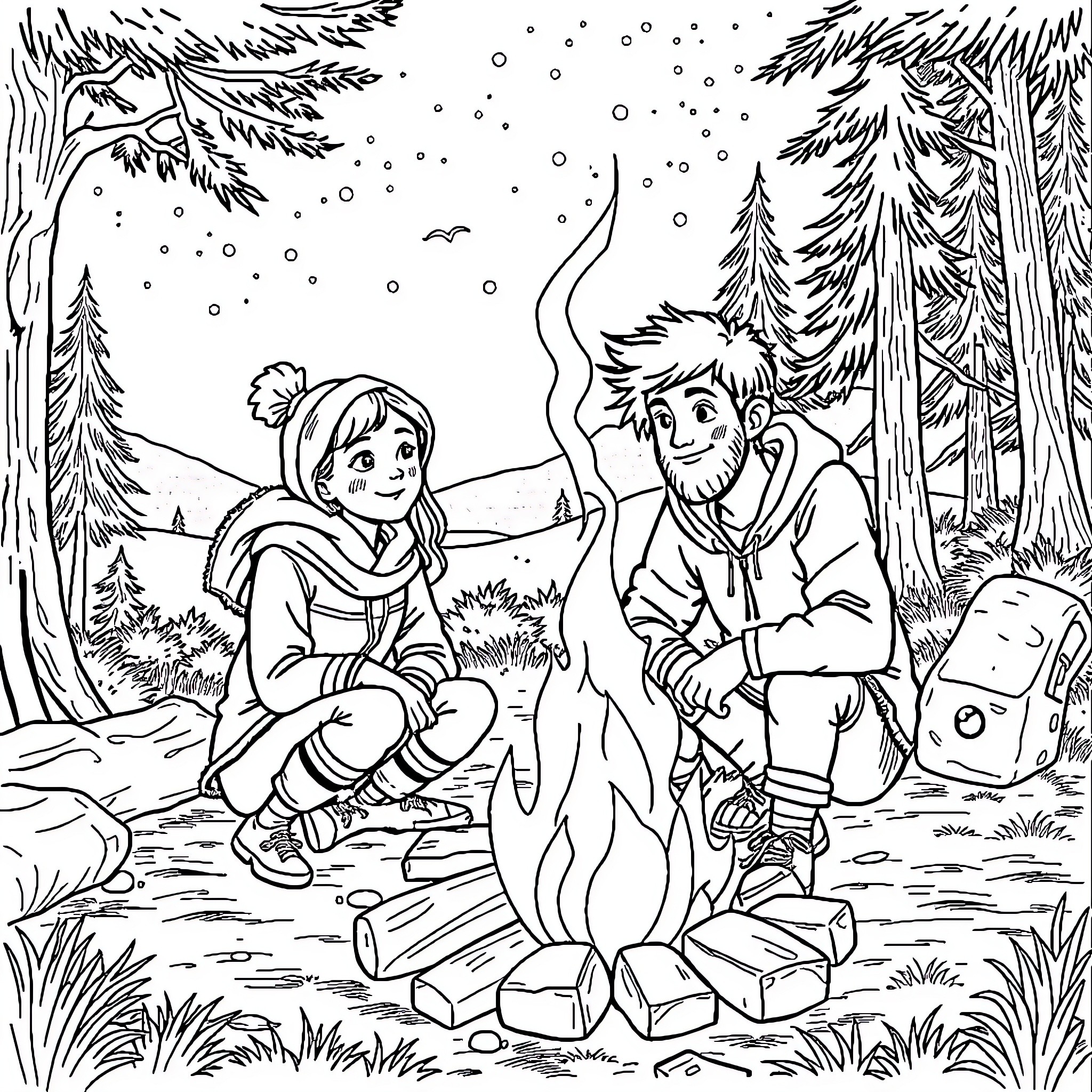 Camping fun with friends in the snowy forest Coloring Page (free black-and-white line drawing printable PDF for all, from beginners to advanced learners, including children, teens, adults, and seniors)