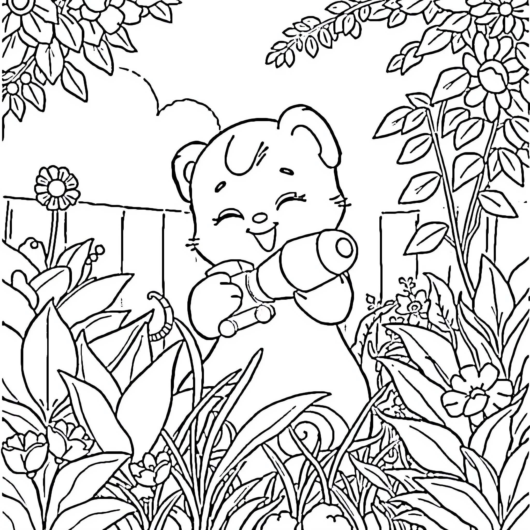 Maomao playing joyfully in the nature Coloring Page (free black-and-white line drawing printable PDF for all, from beginners to advanced learners, including children, teens, adults, and seniors)