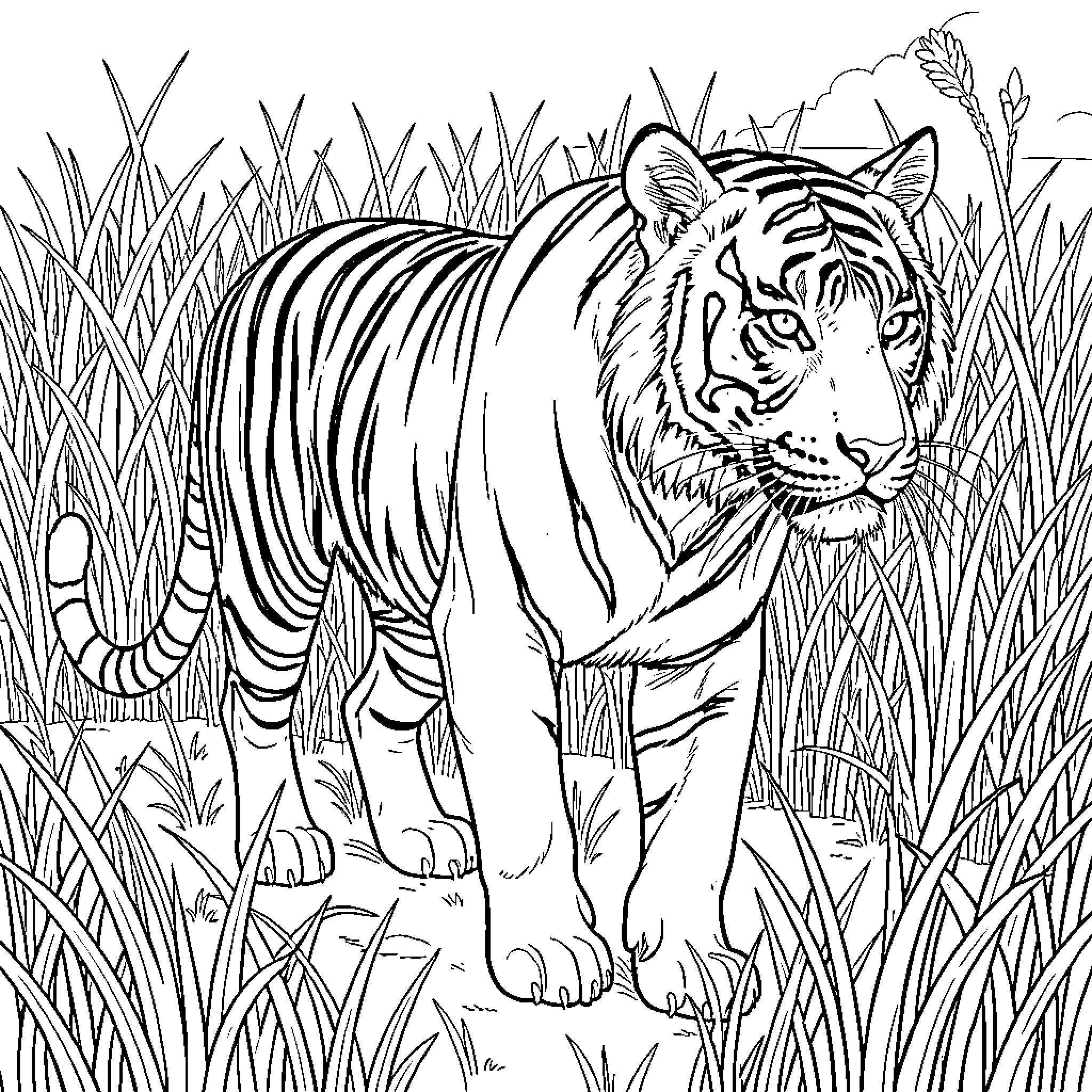 Tiger stalking prey in tall grass Coloring Page (free black-and-white line drawing printable PDF for all, from beginners to advanced learners, including children, teens, adults, and seniors)