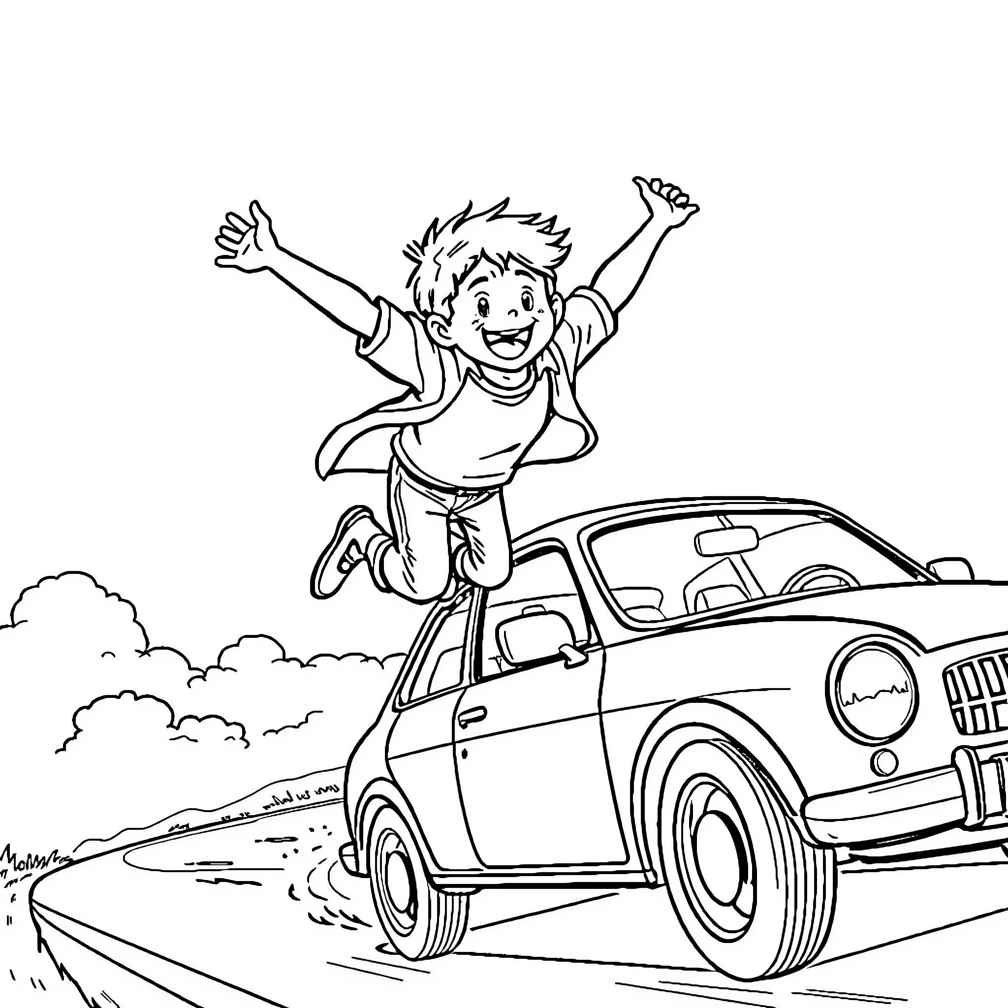 Boy joyfully jumping on a car in the countryside Coloring Page (free black-and-white line drawing printable PDF for all, from beginners to advanced learners, including children, teens, adults, and seniors)