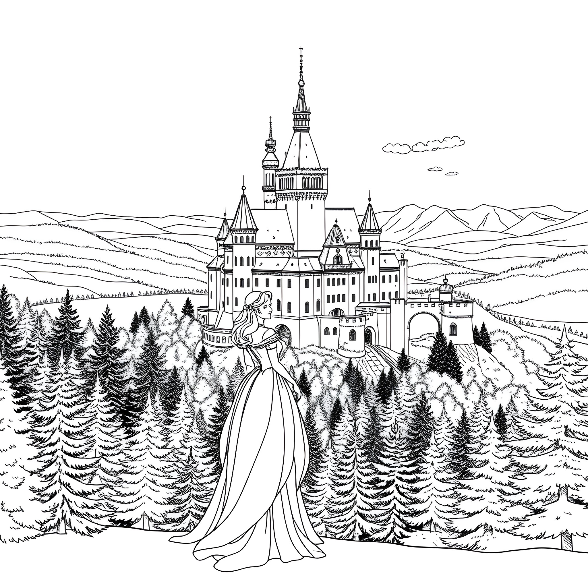 Princess in a Majestic Castle Landscape Coloring Page (free black-and-white line drawing printable PDF for all, from beginners to advanced learners, including children, teens, adults, and seniors)