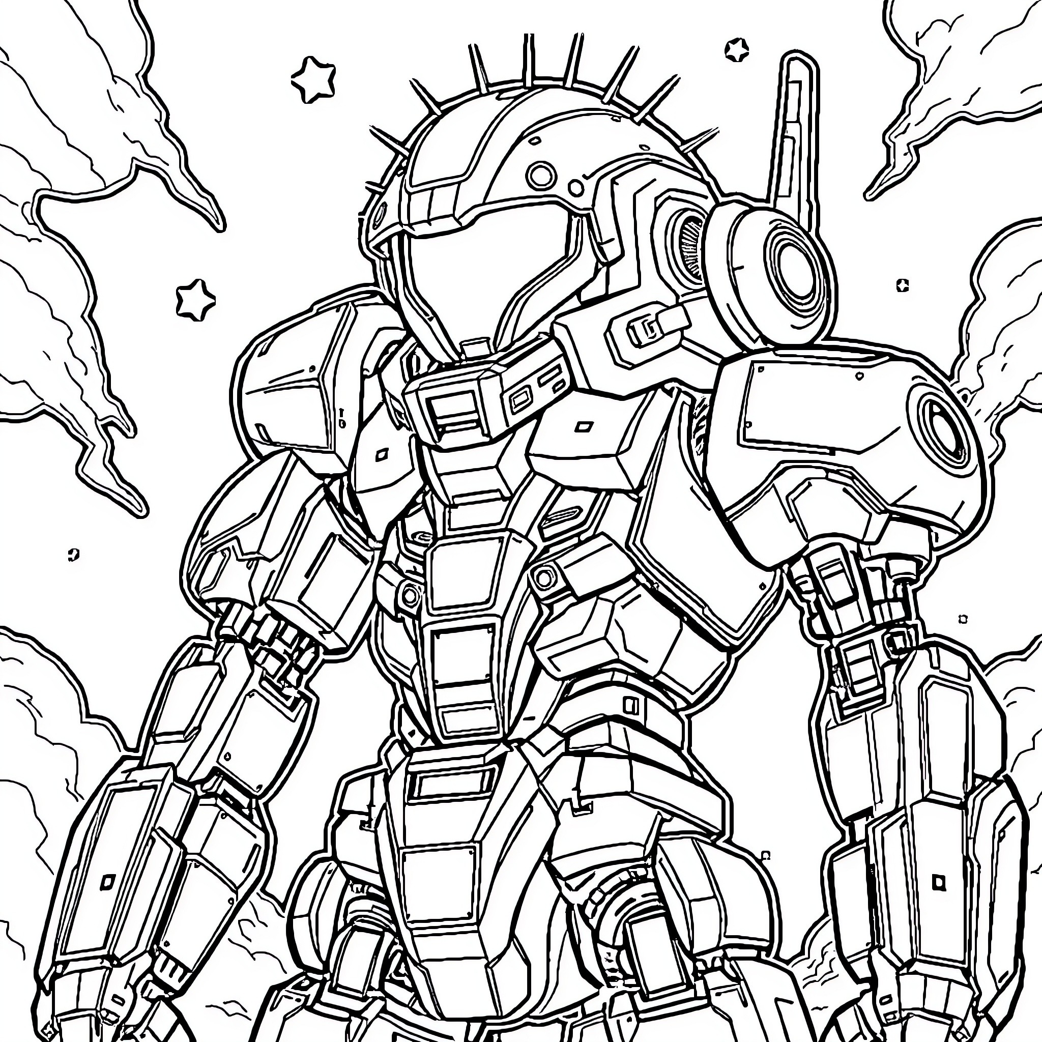 Robot warrior in futuristic battle gear Coloring Page (free black-and-white line drawing printable PDF for all, from beginners to advanced learners, including children, teens, adults, and seniors)