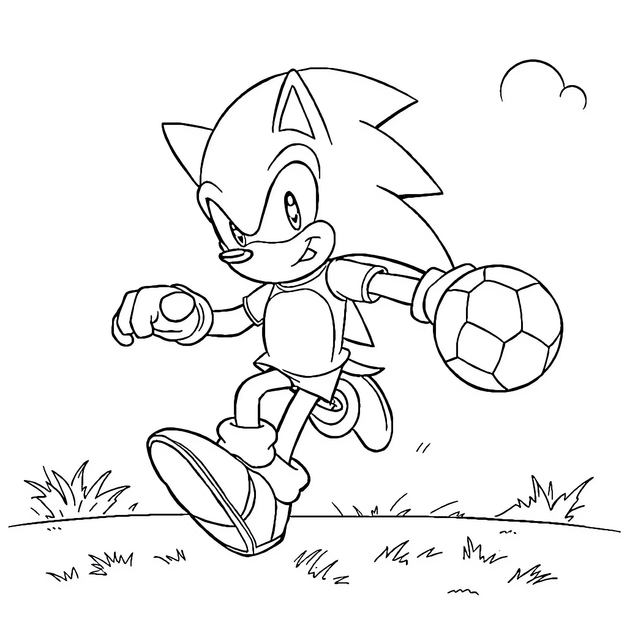 Sonic happily playing with a soccer ball Coloring Page (free black-and-white line drawing printable PDF for all, from beginners to advanced learners, including children, teens, adults, and seniors)