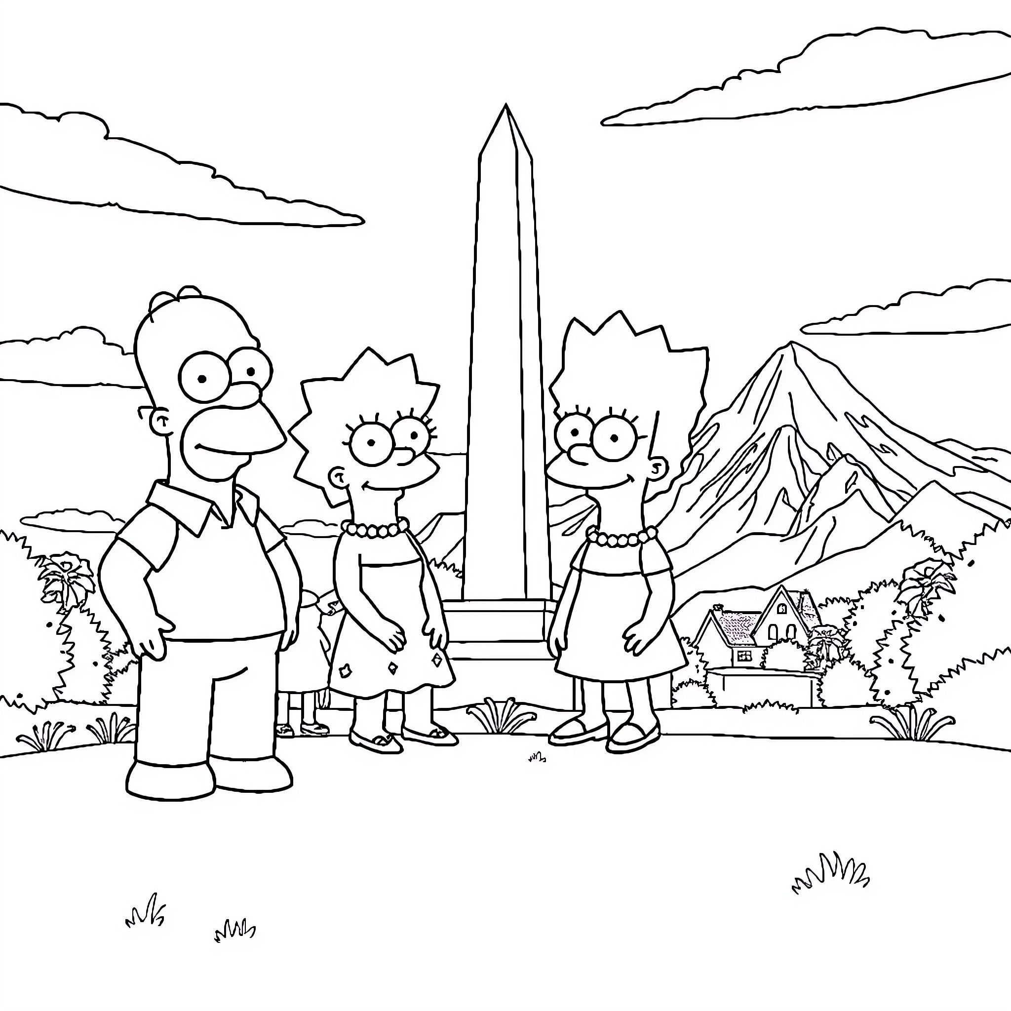 Simpsons family exploring landmark sights Coloring Page (free black-and-white line drawing printable PDF for all, from beginners to advanced learners, including children, teens, adults, and seniors)