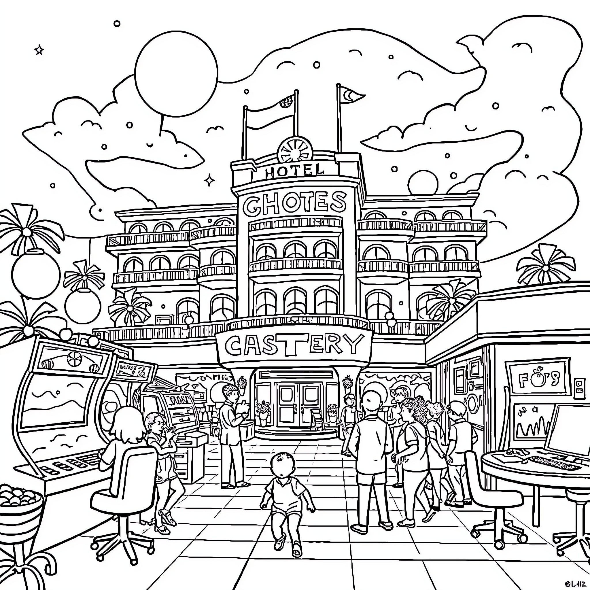 Hotel Ghotes Bistro with Lively Atmosphere and Guests Coloring Page (free black-and-white line drawing printable PDF for all, from beginners to advanced learners, including children, teens, adults, and seniors)