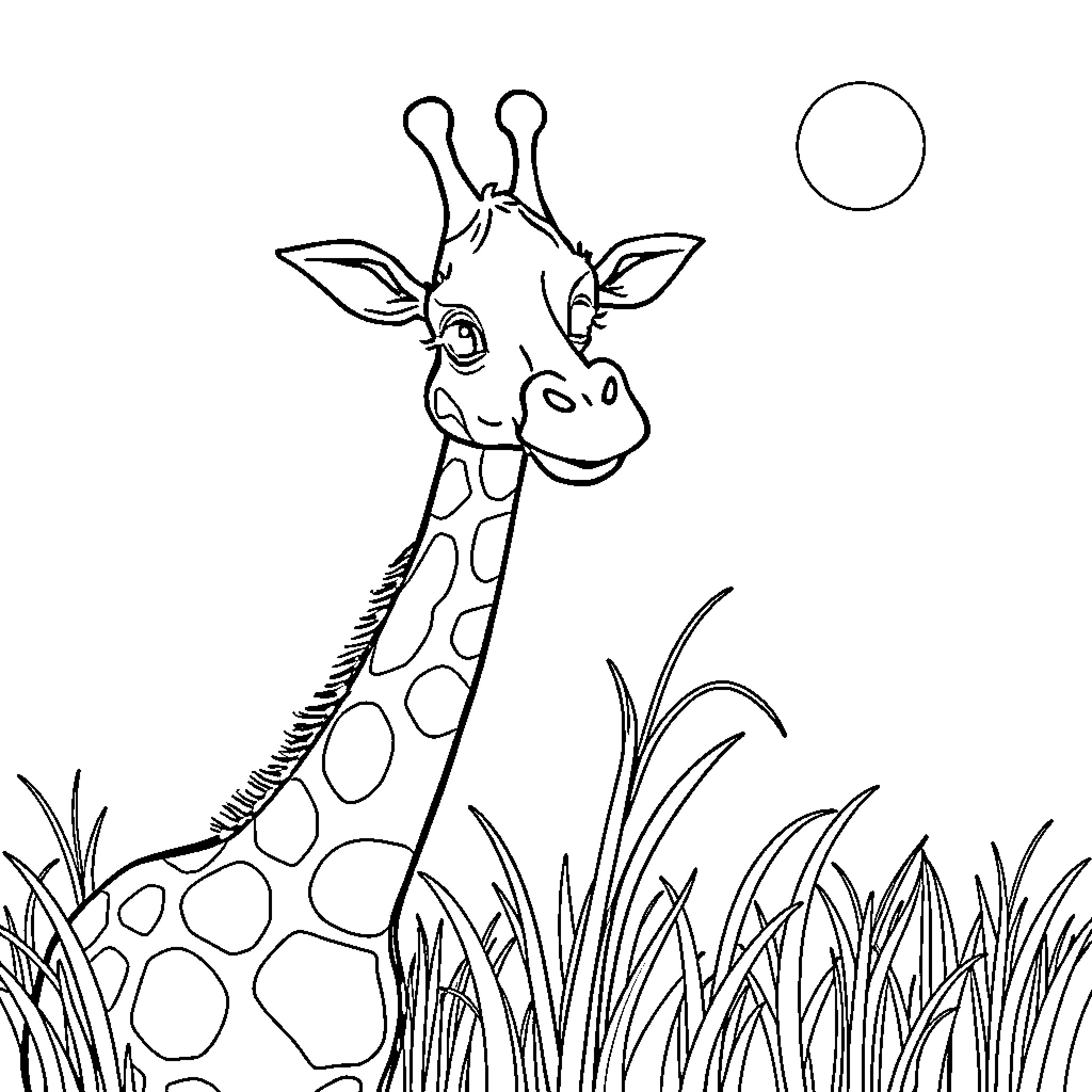 Giraffe peeking out from tall grass Coloring Page (free black-and-white line drawing printable PDF for all, from beginners to advanced learners, including children, teens, adults, and seniors)