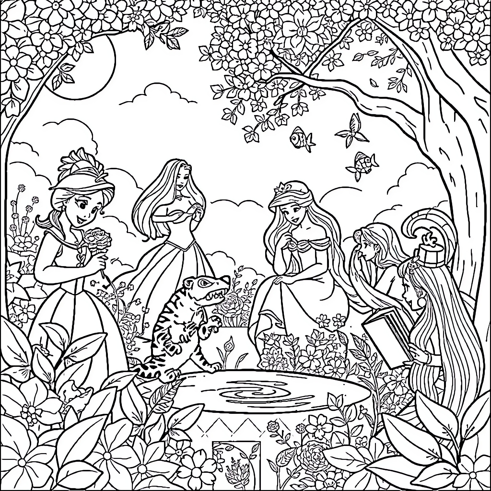 Princess and her friends in a magical garden Coloring Page (free black-and-white line drawing printable PDF for all, from beginners to advanced learners, including children, teens, adults, and seniors)
