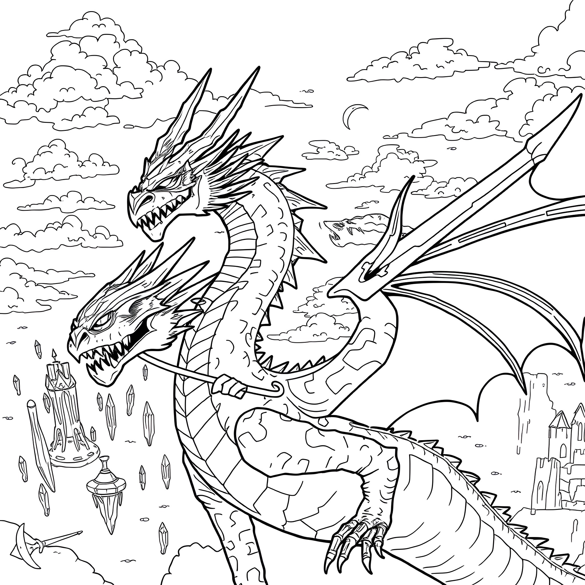 Warden of the Skies: Majestic Dragon Soaring Above Clouds Coloring Page (free black-and-white line drawing printable PDF for all, from beginners to advanced learners, including children, teens, adults, and seniors)