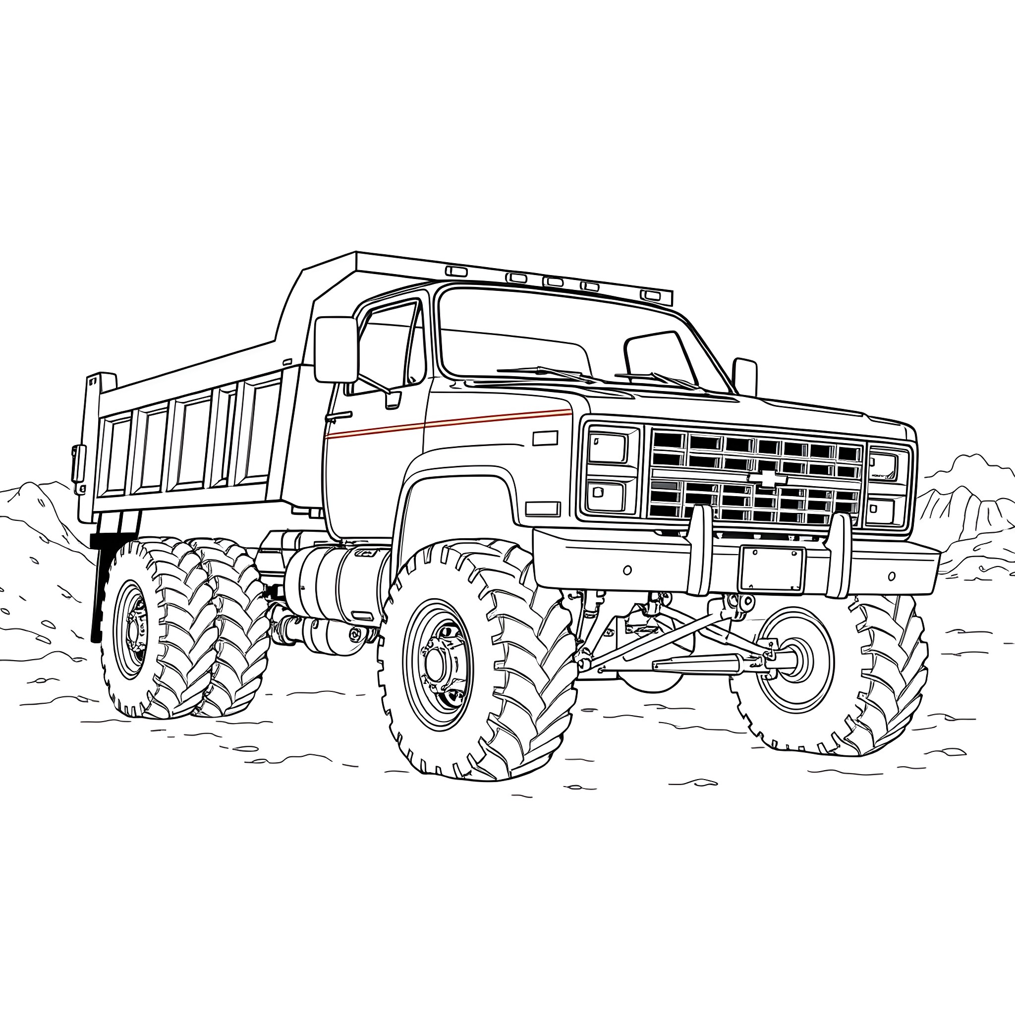Chevy Monster Truck Navigating Rugged Terrain Coloring Page (free black-and-white line drawing printable PDF for all, from beginners to advanced learners, including children, teens, adults, and seniors)