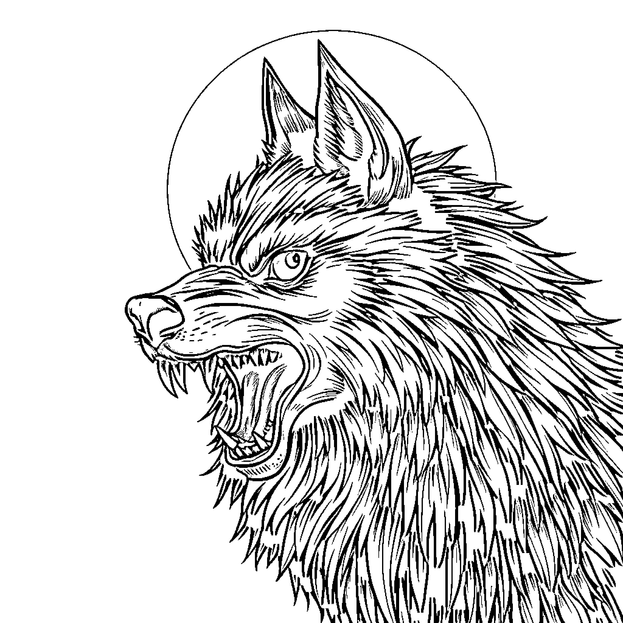 Werewolf with Fierce Expression Under the Moon Coloring Page (free black-and-white line drawing printable PDF for all, from beginners to advanced learners, including children, teens, adults, and seniors)