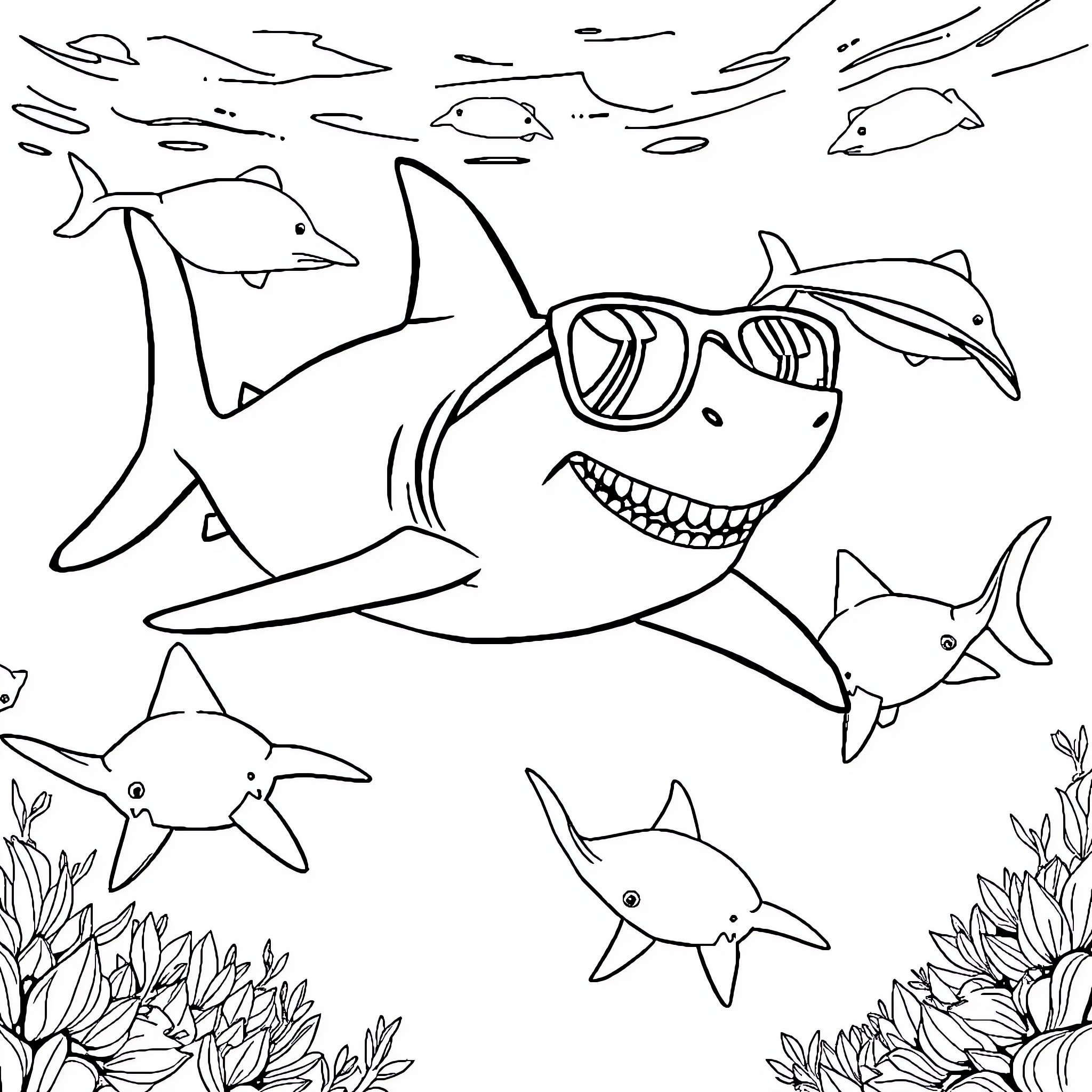 Shark family enjoying an underwater adventure Coloring Page (free black-and-white line drawing printable PDF for all, from beginners to advanced learners, including children, teens, adults, and seniors)