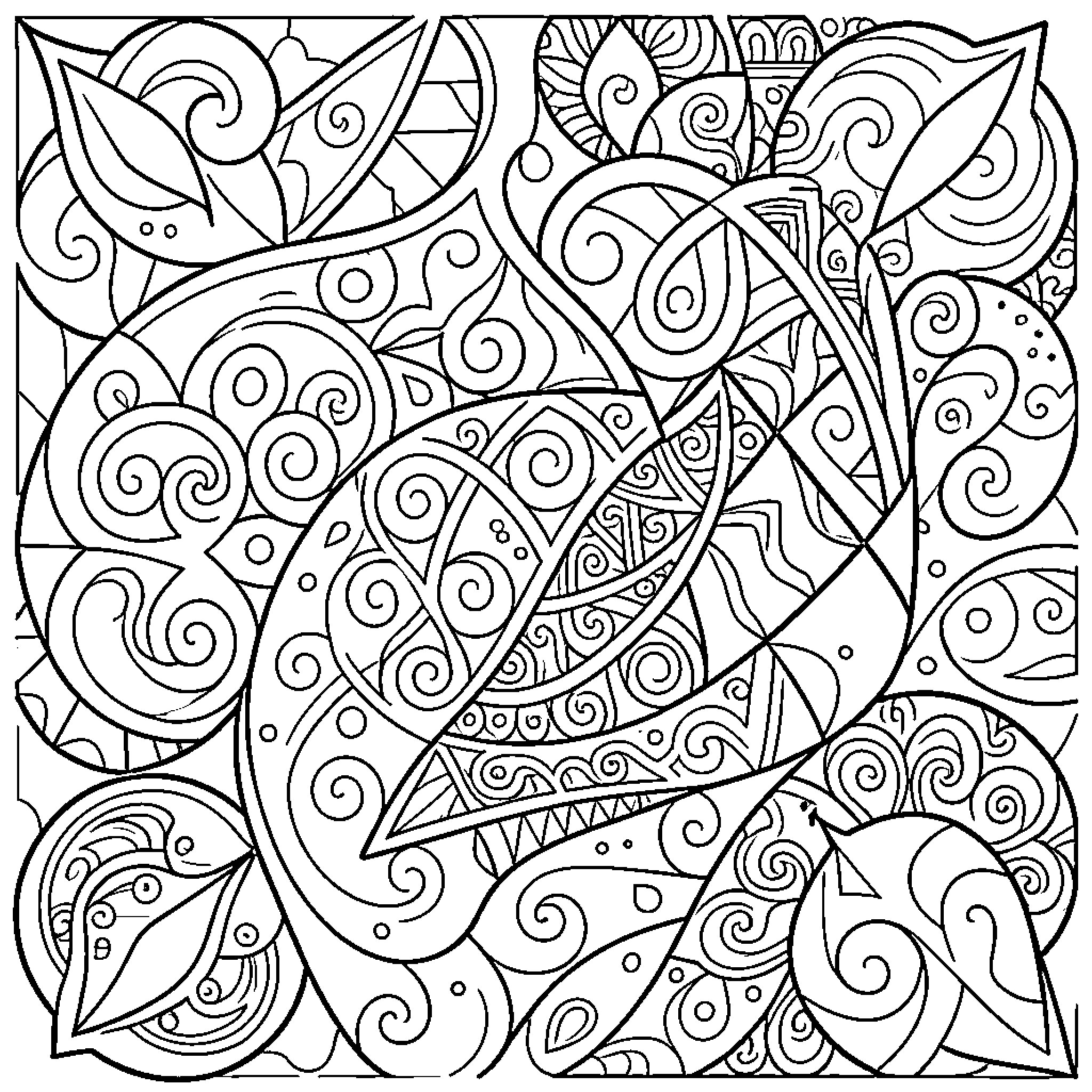 Geometric patterns of swirling leaves and floral shapes Coloring Page (free black-and-white line drawing printable PDF for all, from beginners to advanced learners, including children, teens, adults, and seniors)