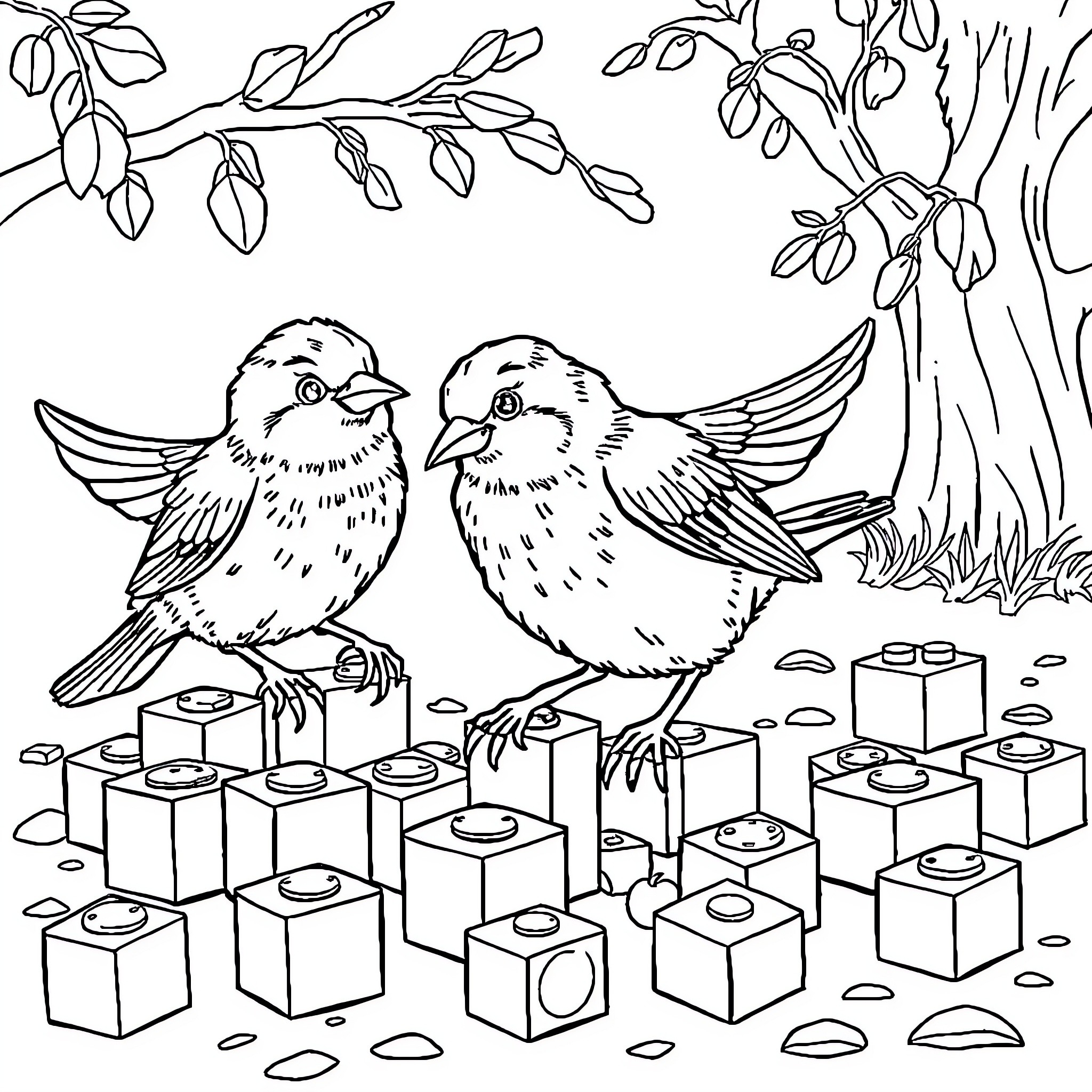Sparrow birds resting on wooden blocks in nature Coloring Page (free black-and-white line drawing printable PDF for all, from beginners to advanced learners, including children, teens, adults, and seniors)