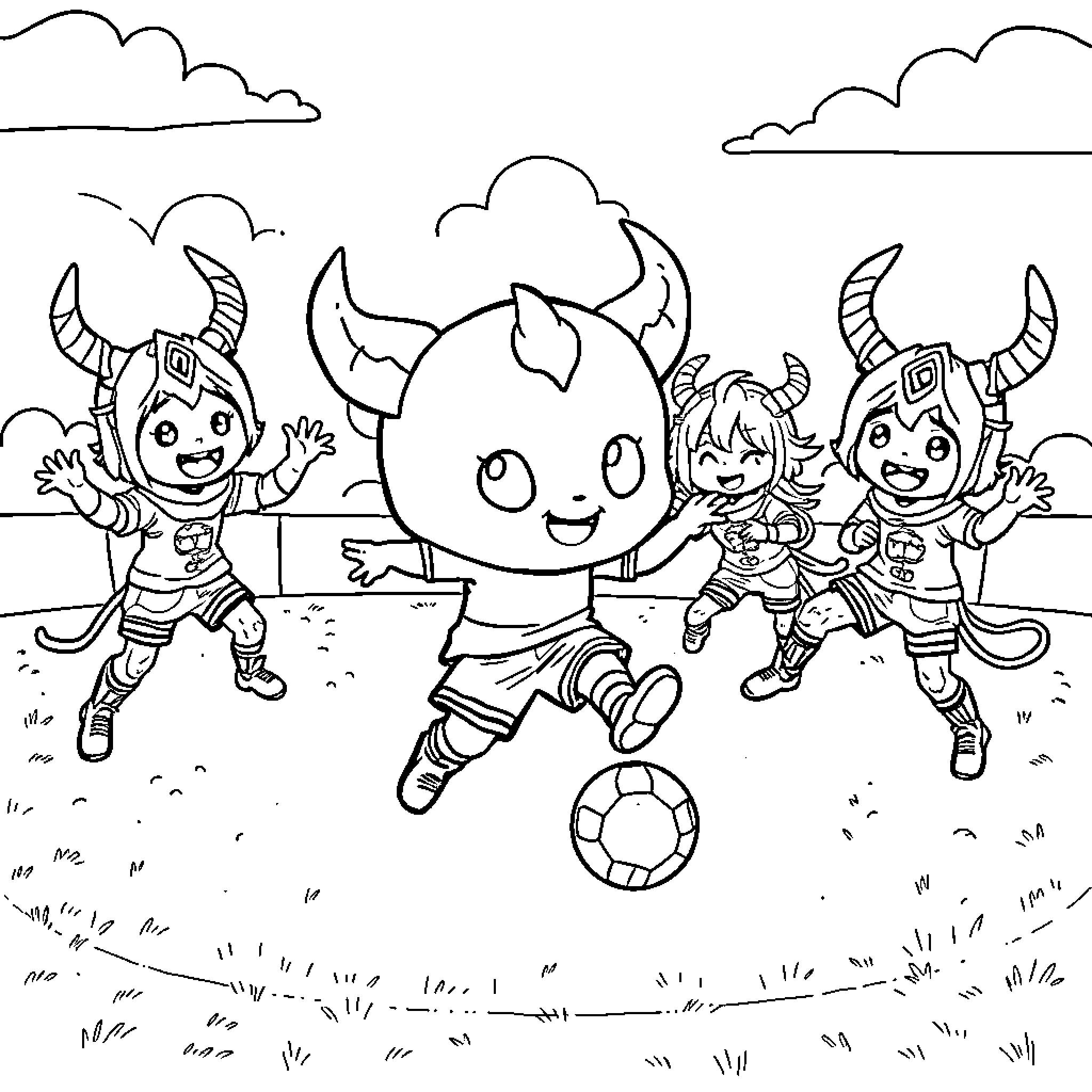 Labubu's Playful Adventure with Friends Coloring Page (free black-and-white line drawing printable PDF for all, from beginners to advanced learners, including children, teens, adults, and seniors)