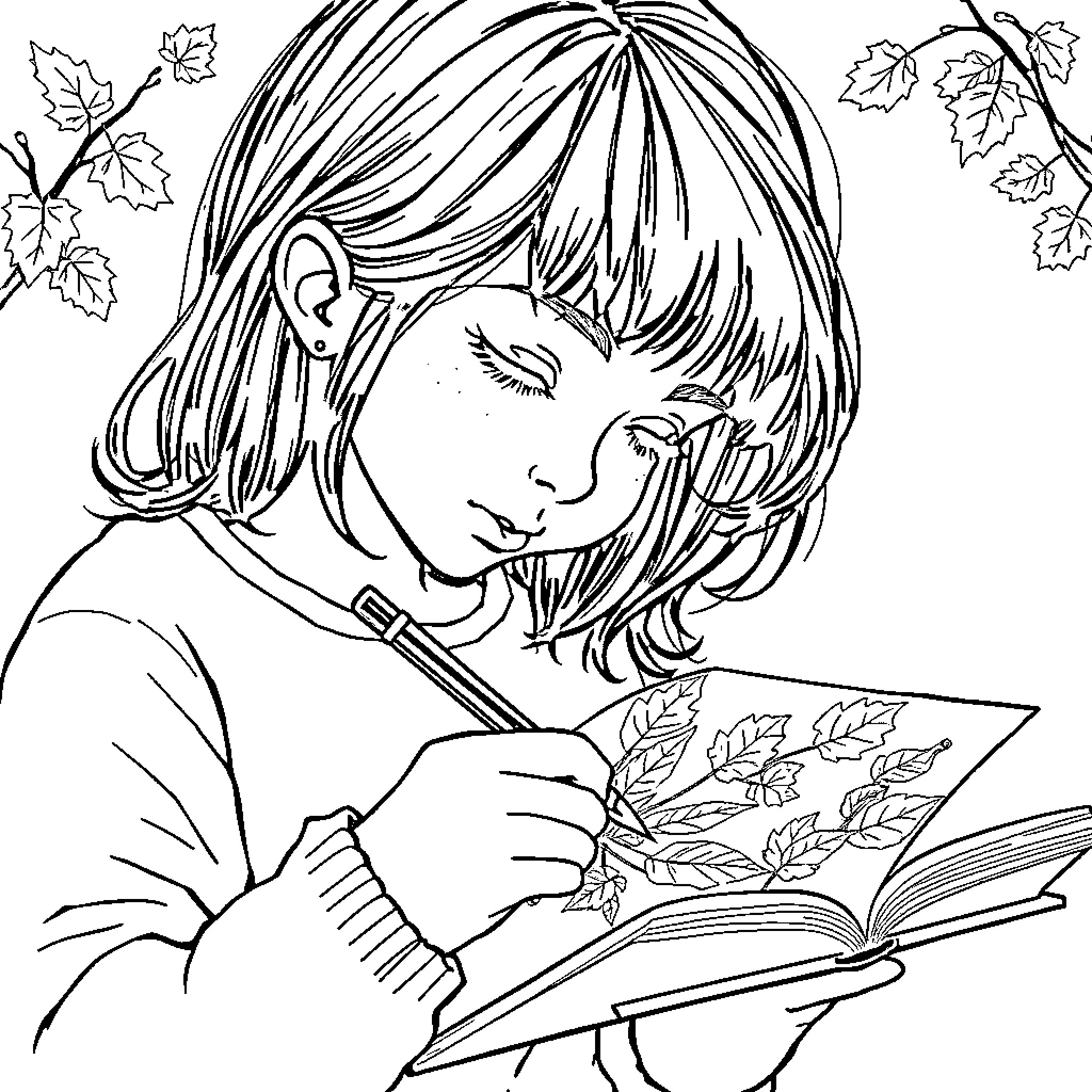 Girl reading book surrounded by autumn leaves Coloring Page (free black-and-white line drawing printable PDF for all, from beginners to advanced learners, including children, teens, adults, and seniors)