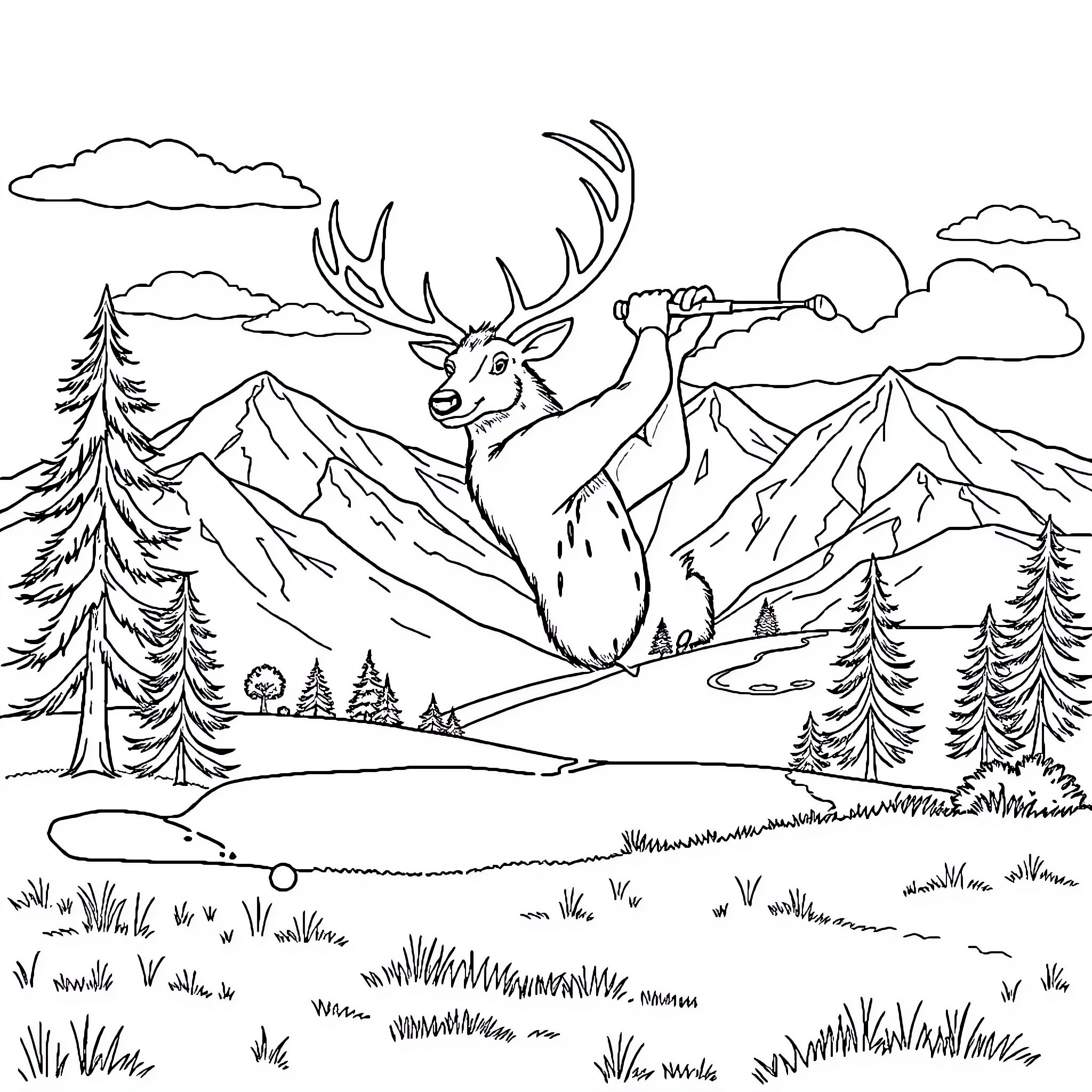 Elk Enjoying Scenic Mountain Landscape Coloring Page (free black-and-white line drawing printable PDF for all, from beginners to advanced learners, including children, teens, adults, and seniors)