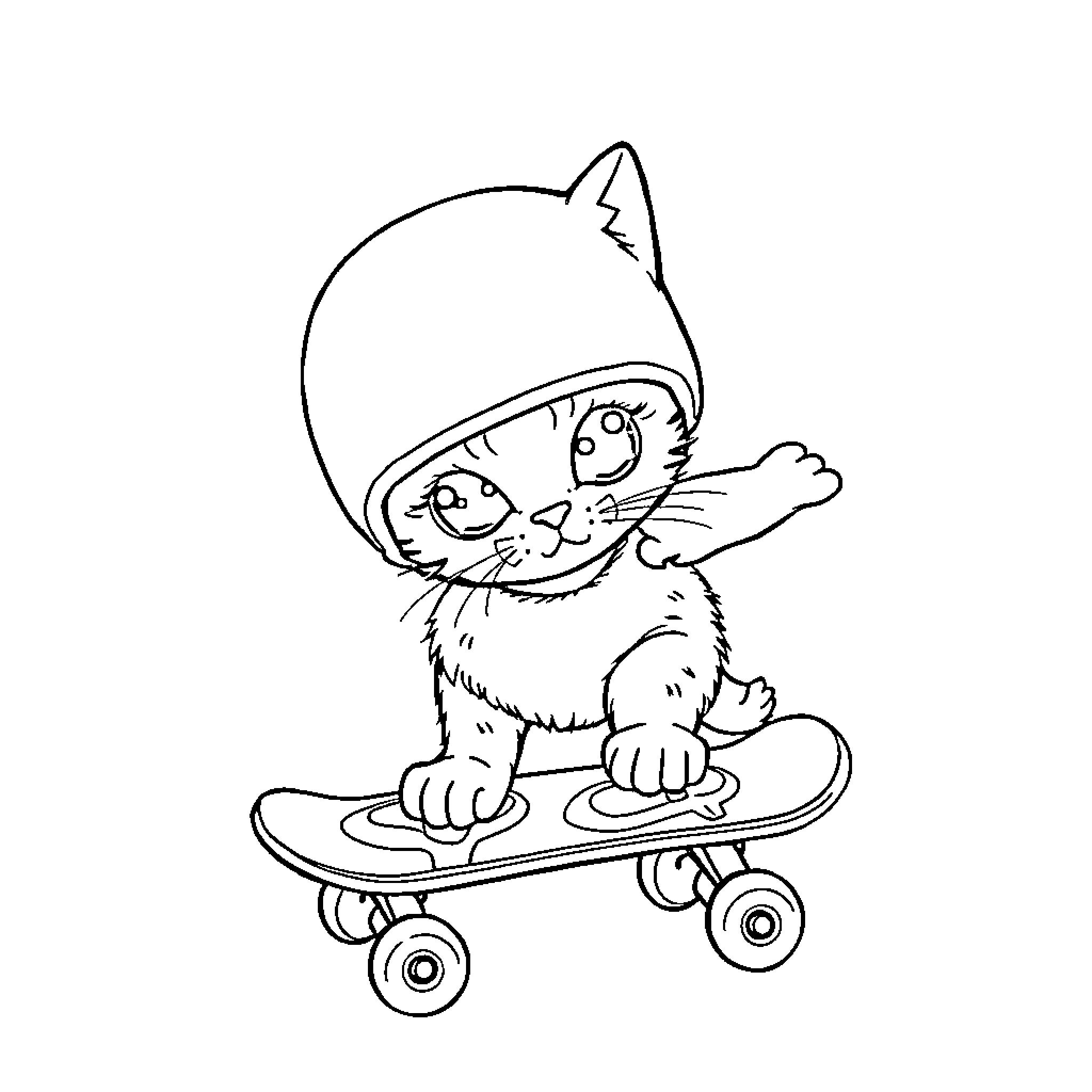 Cat riding a skateboard happily Coloring Page (free black-and-white line drawing printable PDF for all, from beginners to advanced learners, including children, teens, adults, and seniors)