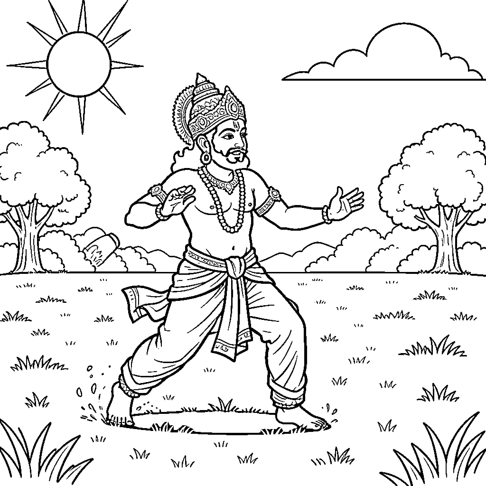 Murugan performing a traditional dance in nature Coloring Page (free black-and-white line drawing printable PDF for all, from beginners to advanced learners, including children, teens, adults, and seniors)