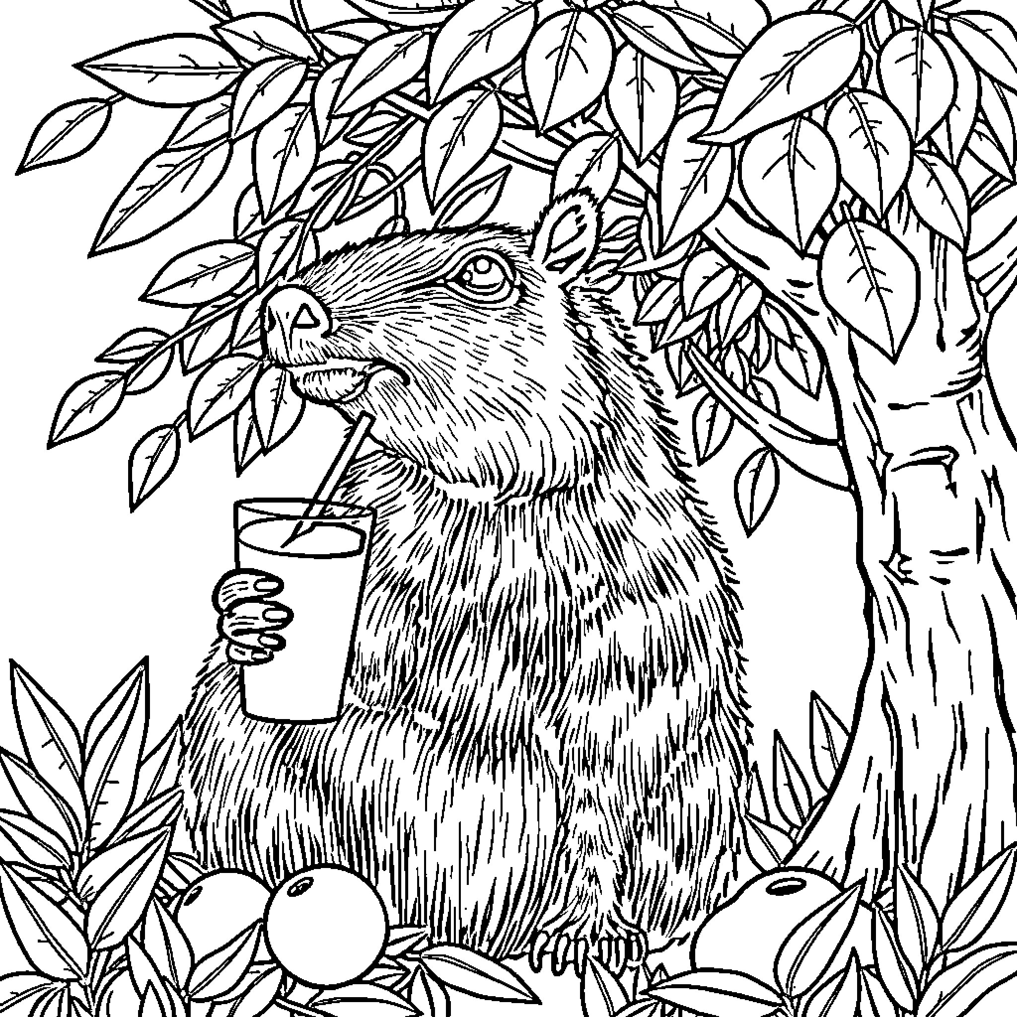 Capybara enjoying nature's bounty Coloring Page (free black-and-white line drawing printable PDF for all, from beginners to advanced learners, including children, teens, adults, and seniors)
