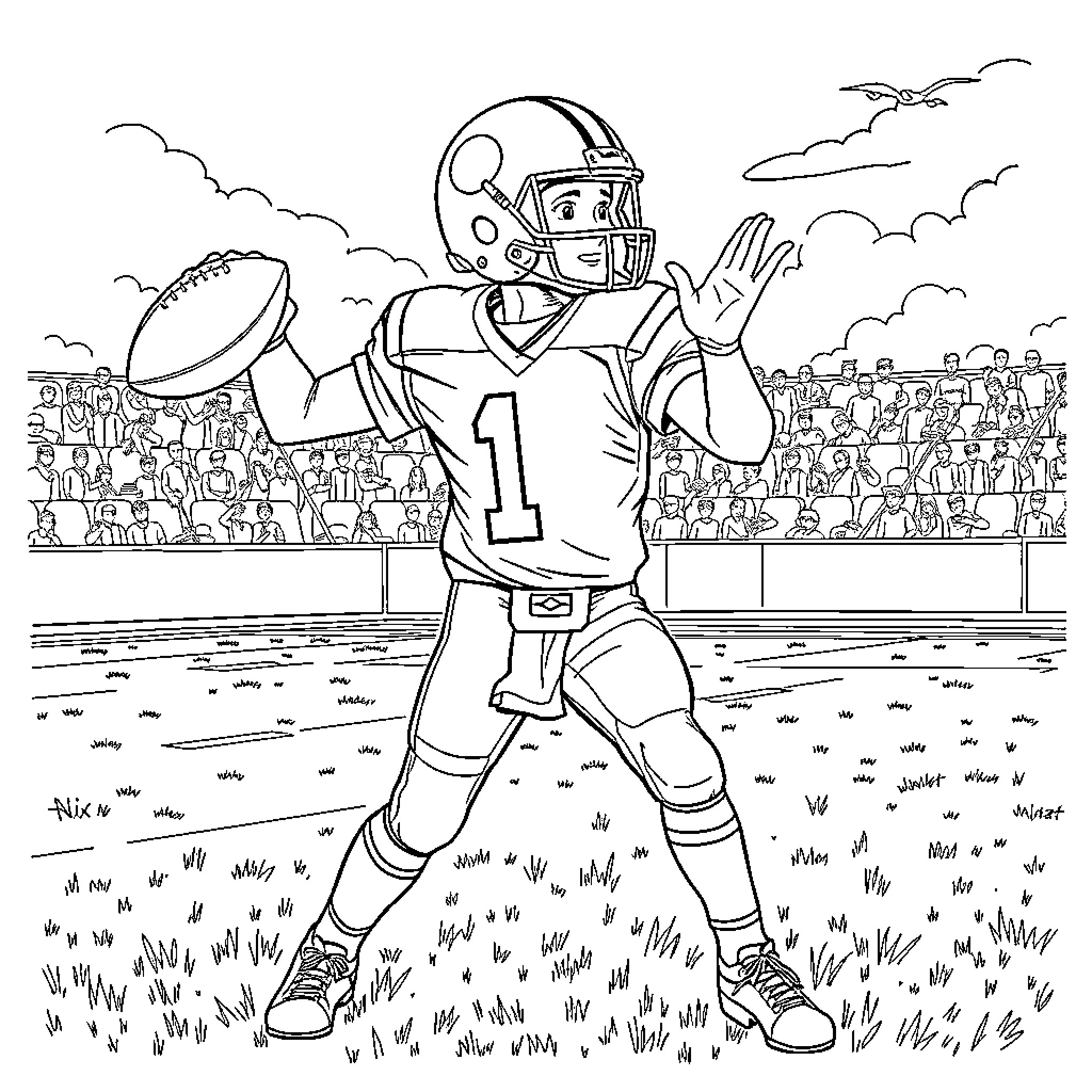 Bo Nix Quarterback in Action on the Football Field Coloring Page (free black-and-white line drawing printable PDF for all, from beginners to advanced learners, including children, teens, adults, and seniors)
