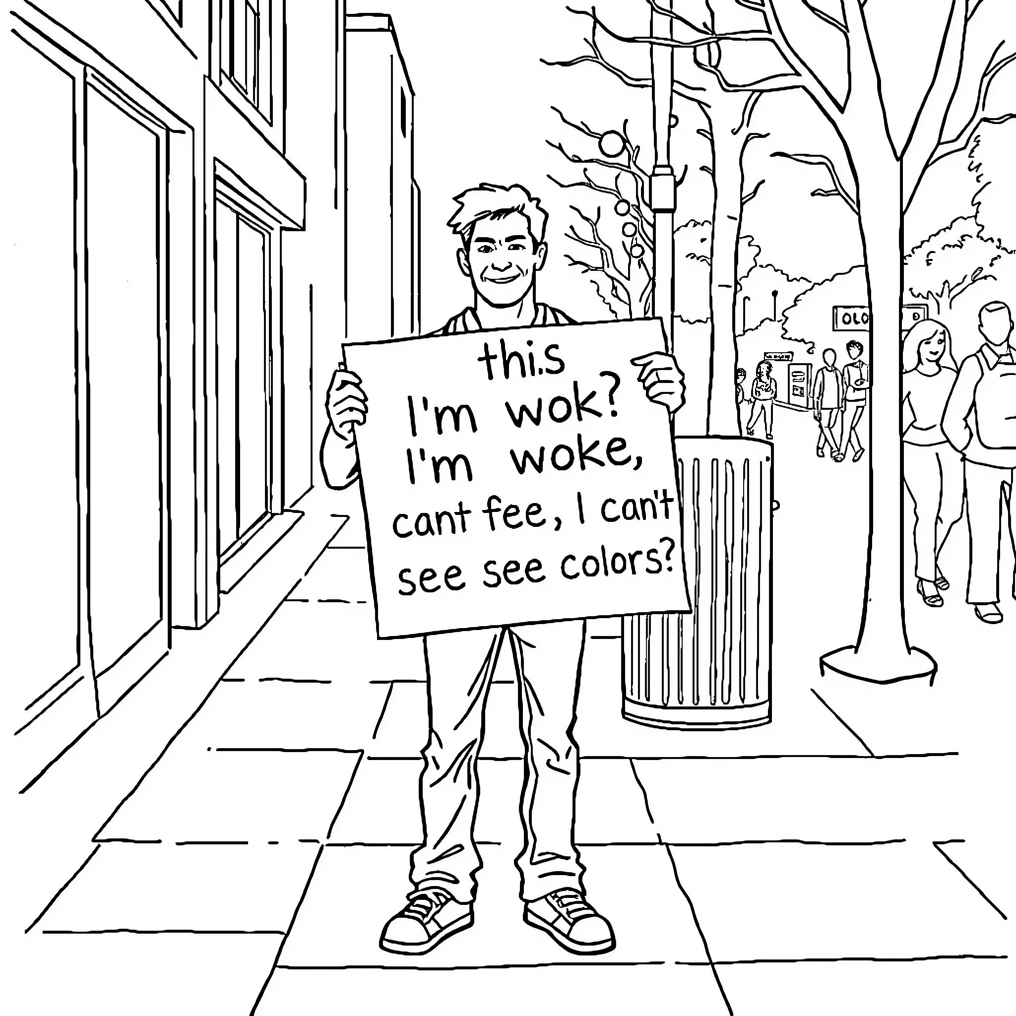 Guy holding a sign expressing his views on wokeness Coloring Page (free black-and-white line drawing printable PDF for all, from beginners to advanced learners, including children, teens, adults, and seniors)