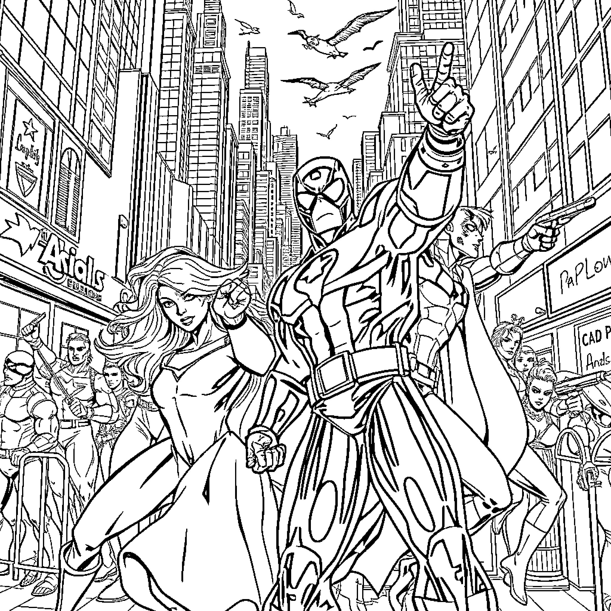Marvel Character Superheroes in Action-Packed City Scene Coloring Page (free black-and-white line drawing printable PDF for all, from beginners to advanced learners, including children, teens, adults, and seniors)