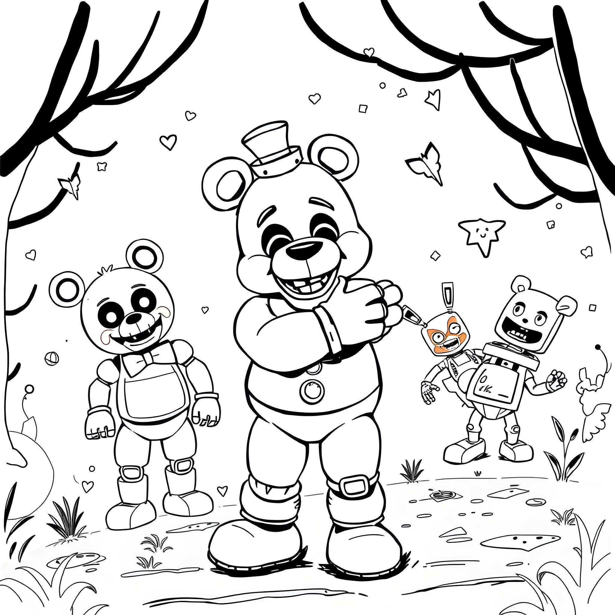 Yarnaby's Festive Friends Coloring Page (free black-and-white line drawing printable PDF for all, from beginners to advanced learners, including children, teens, adults, and seniors)