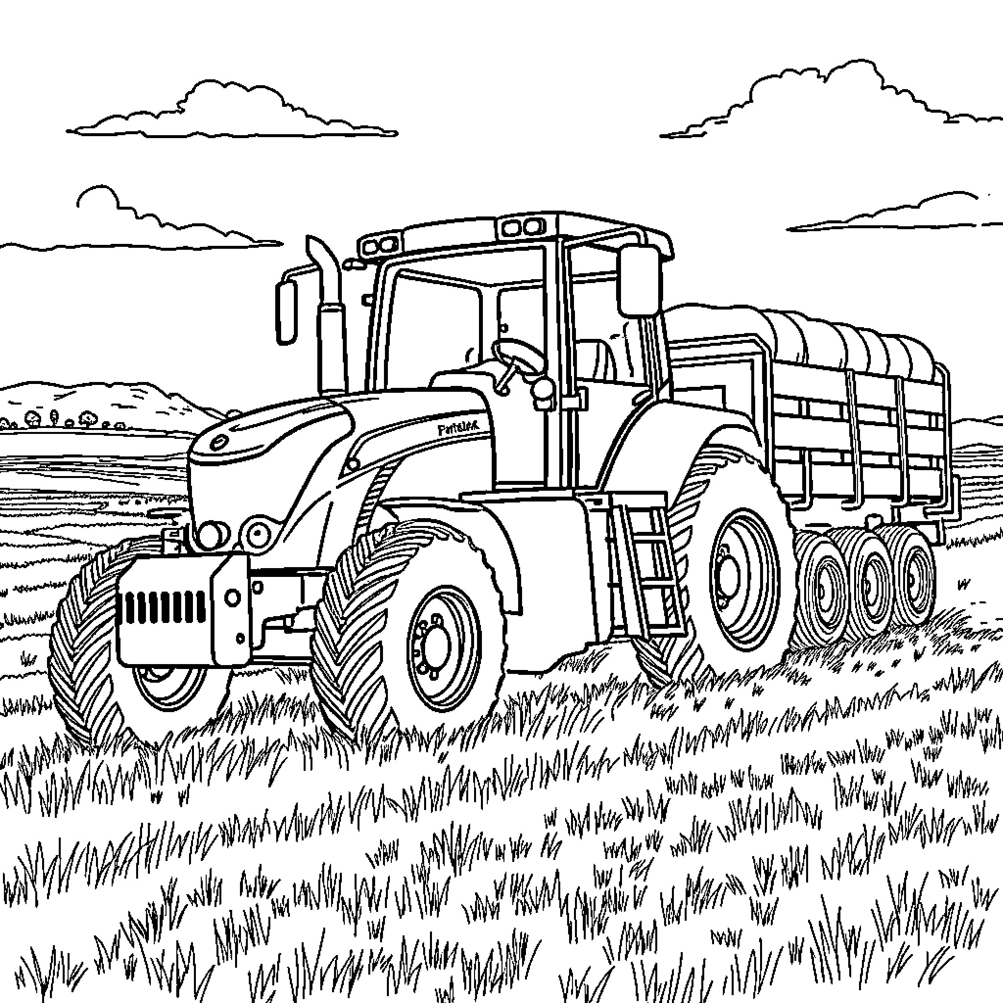 Tractor transporting cargo across countryside landscape Coloring Page (free black-and-white line drawing printable PDF for all, from beginners to advanced learners, including children, teens, adults, and seniors)