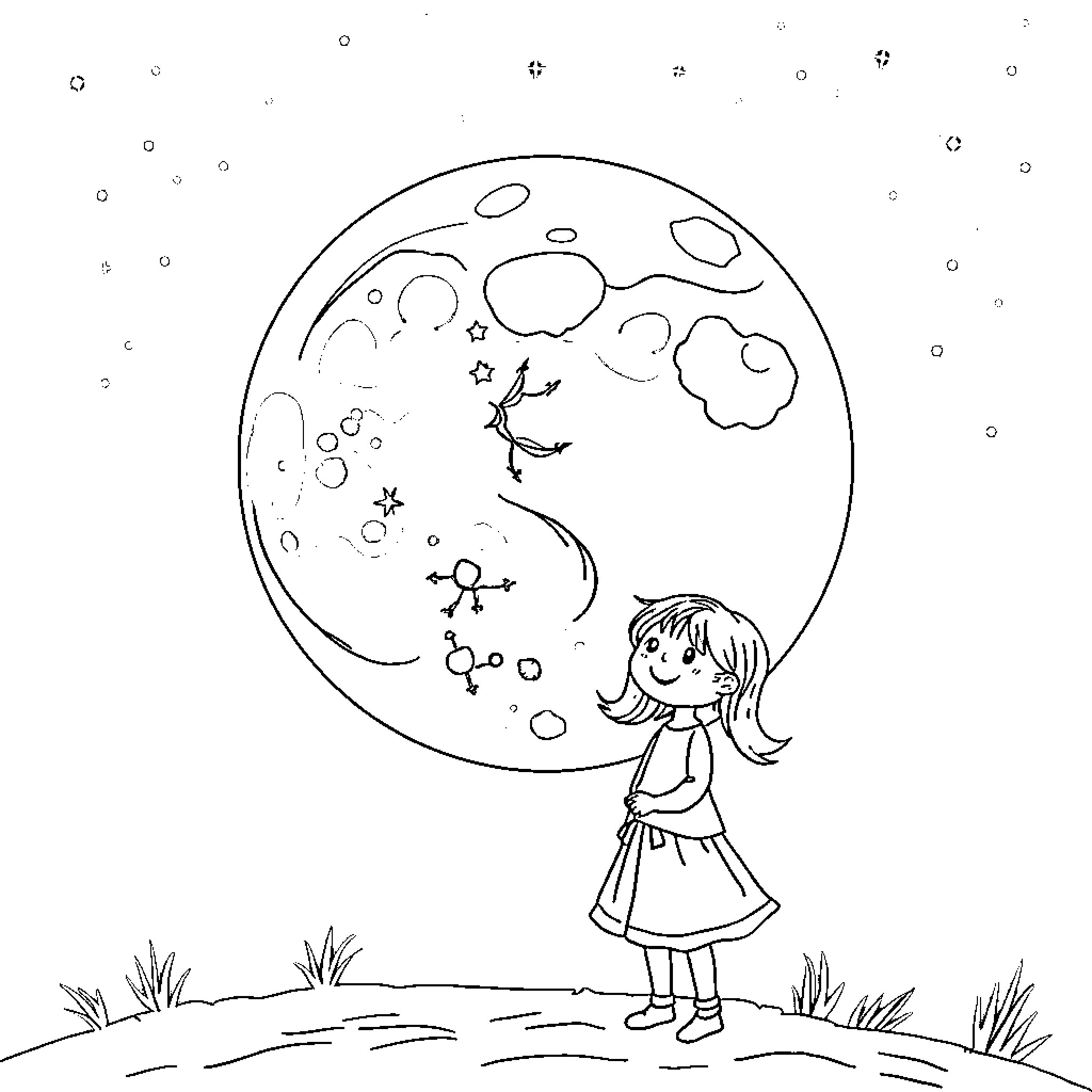 Moon Dream Coloring Page (free black-and-white line drawing printable PDF for all, from beginners to advanced learners, including children, teens, adults, and seniors)
