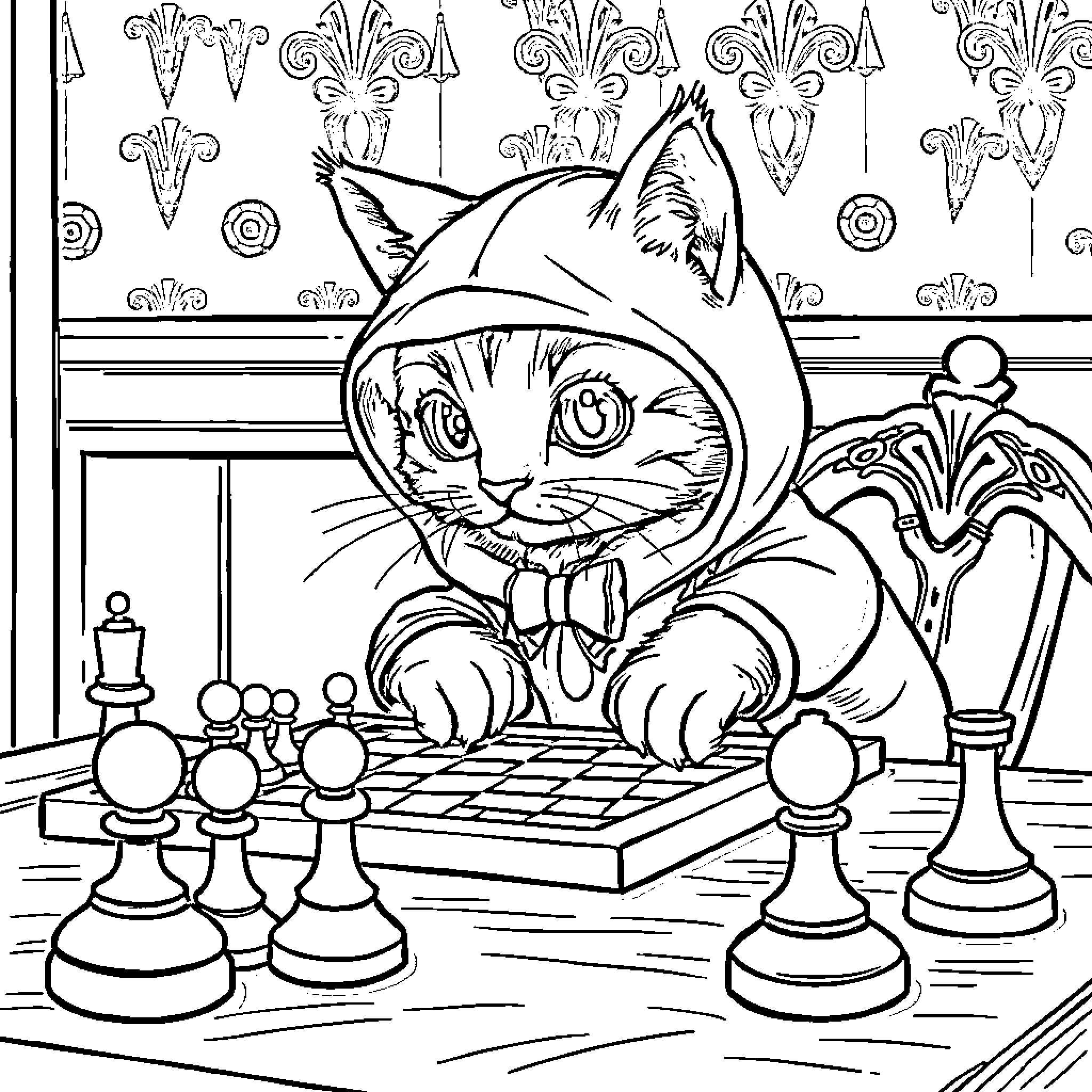 Chat with a Playful Feline Chess Champion Coloring Page (free black-and-white line drawing printable PDF for all, from beginners to advanced learners, including children, teens, adults, and seniors)