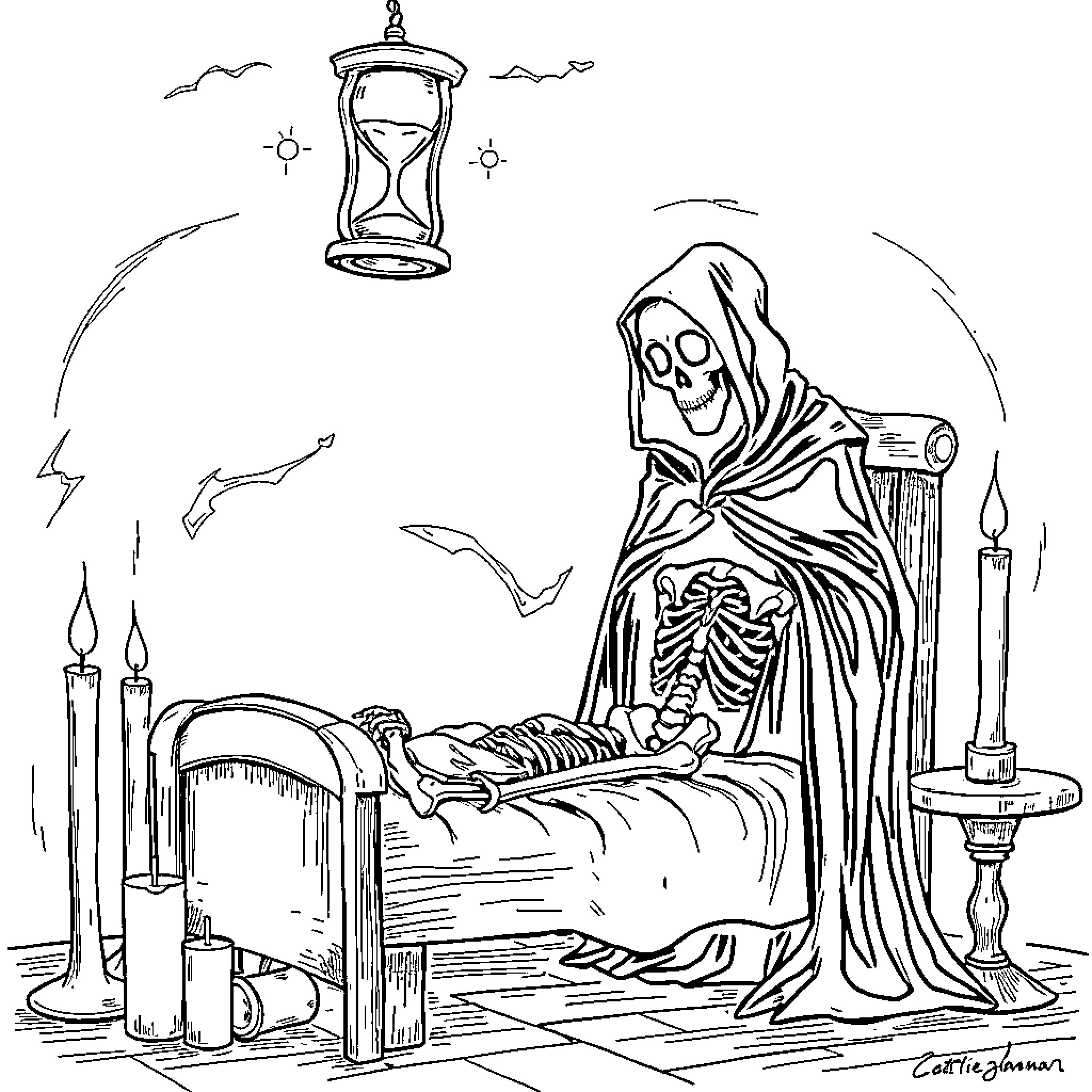 Grim Reaper awaiting the end in a somber scene Coloring Page (free black-and-white line drawing printable PDF for all, from beginners to advanced learners, including children, teens, adults, and seniors)