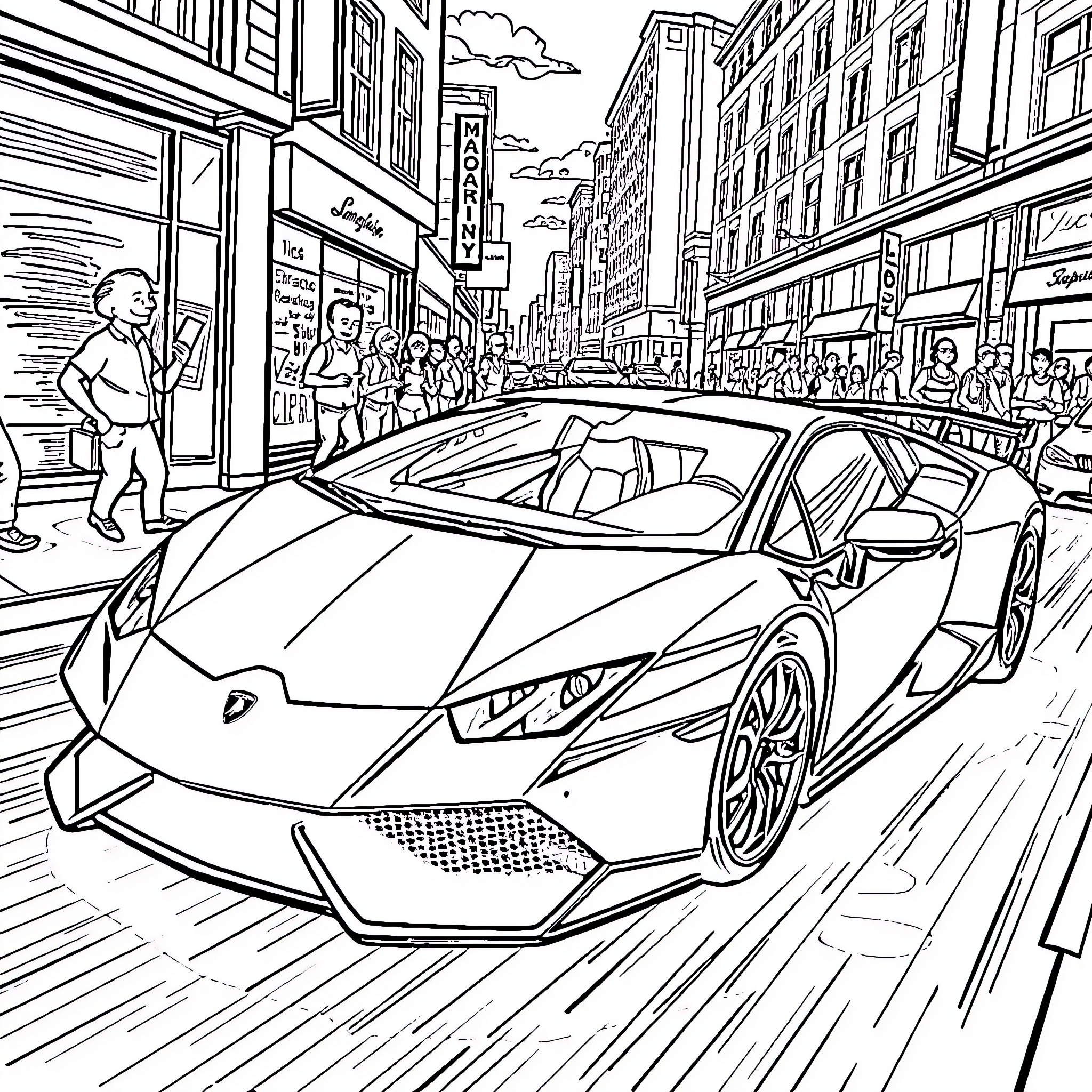 Lamborghini on city streets with bustling pedestrians Coloring Page (free black-and-white line drawing printable PDF for all, from beginners to advanced learners, including children, teens, adults, and seniors)