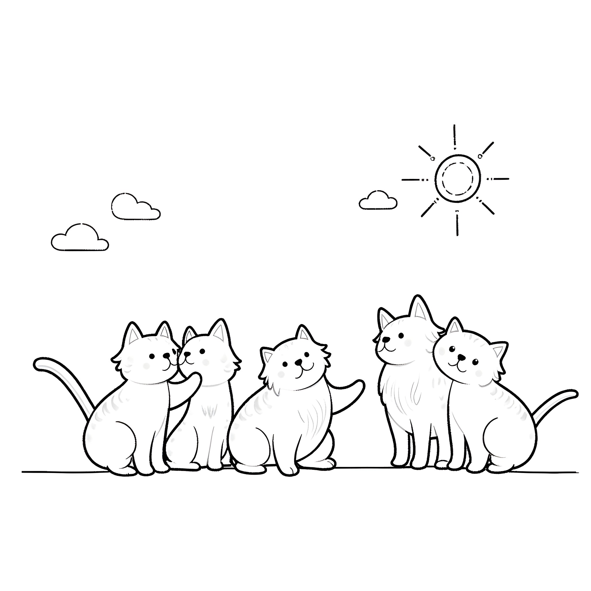 Cats enjoying the sunny day Coloring Page (free black-and-white line drawing printable PDF for all, from beginners to advanced learners, including children, teens, adults, and seniors)