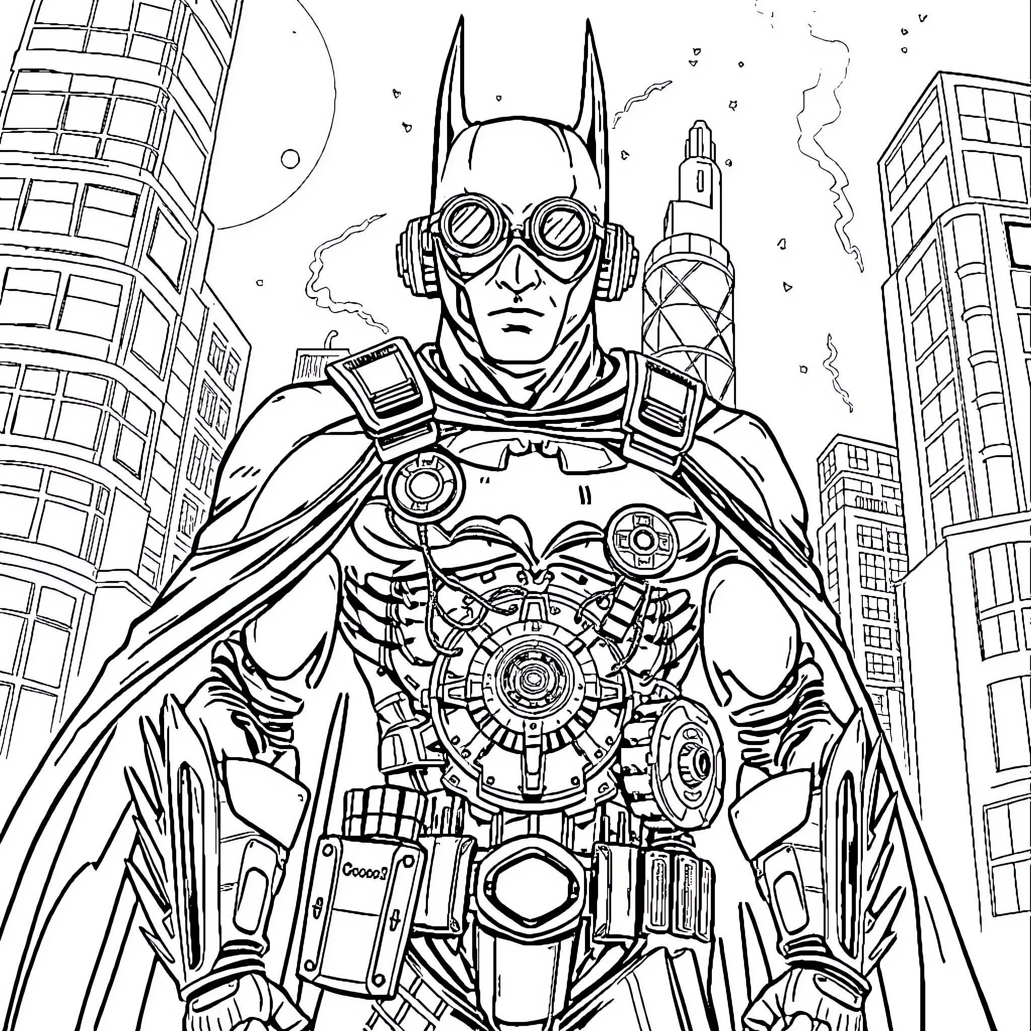 Batman in Futuristic Metropolis with Gadgets and Gear Coloring Page (free black-and-white line drawing printable PDF for all, from beginners to advanced learners, including children, teens, adults, and seniors)