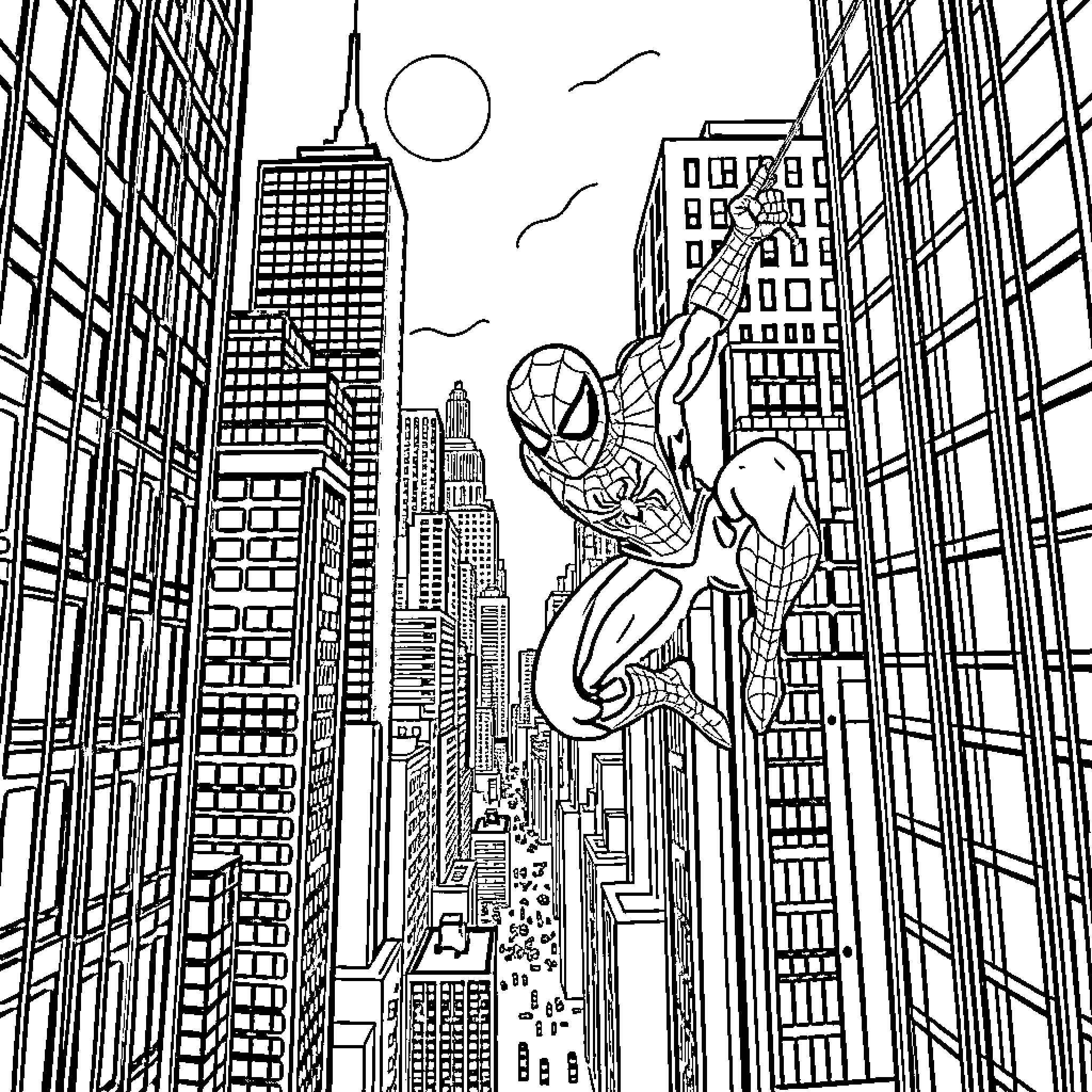 Spiderman swinging through the cityscape Coloring Page (free black-and-white line drawing printable PDF for all, from beginners to advanced learners, including children, teens, adults, and seniors)