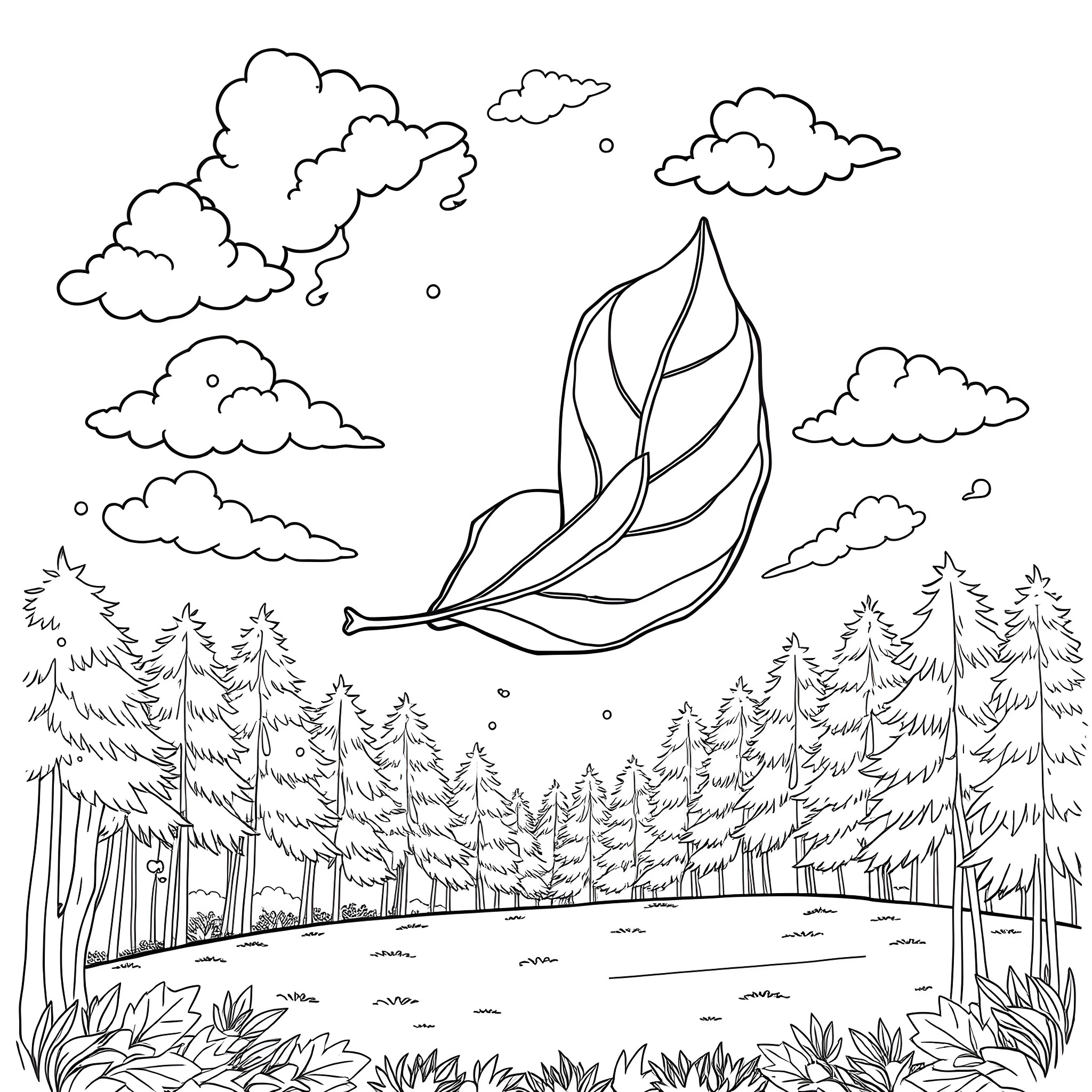 Tumble Leaf Floating Through the Serene Forest Coloring Page (free black-and-white line drawing printable PDF for all, from beginners to advanced learners, including children, teens, adults, and seniors)