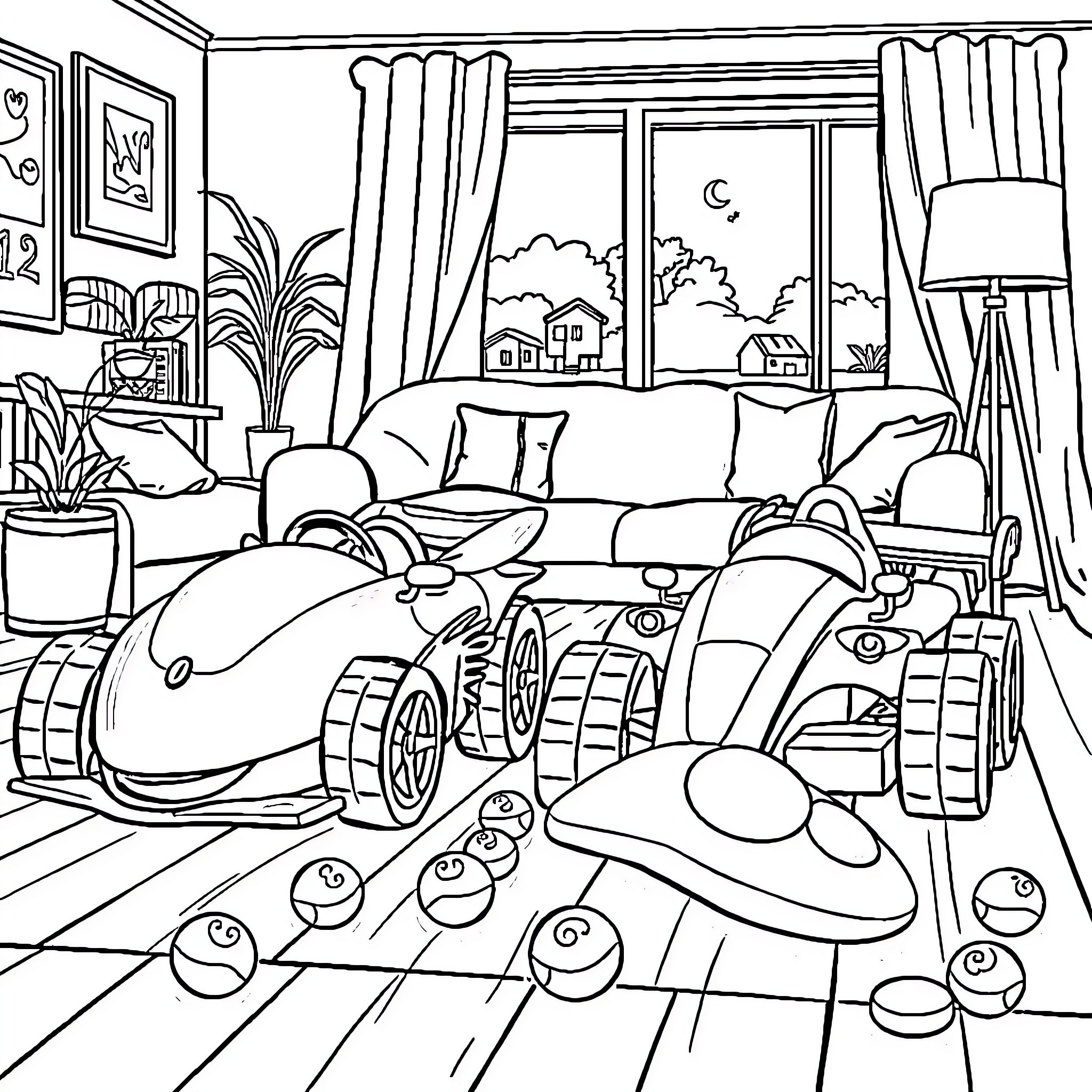 Bluey's Cozy Room Adventure Coloring Page (free black-and-white line drawing printable PDF for all, from beginners to advanced learners, including children, teens, adults, and seniors)