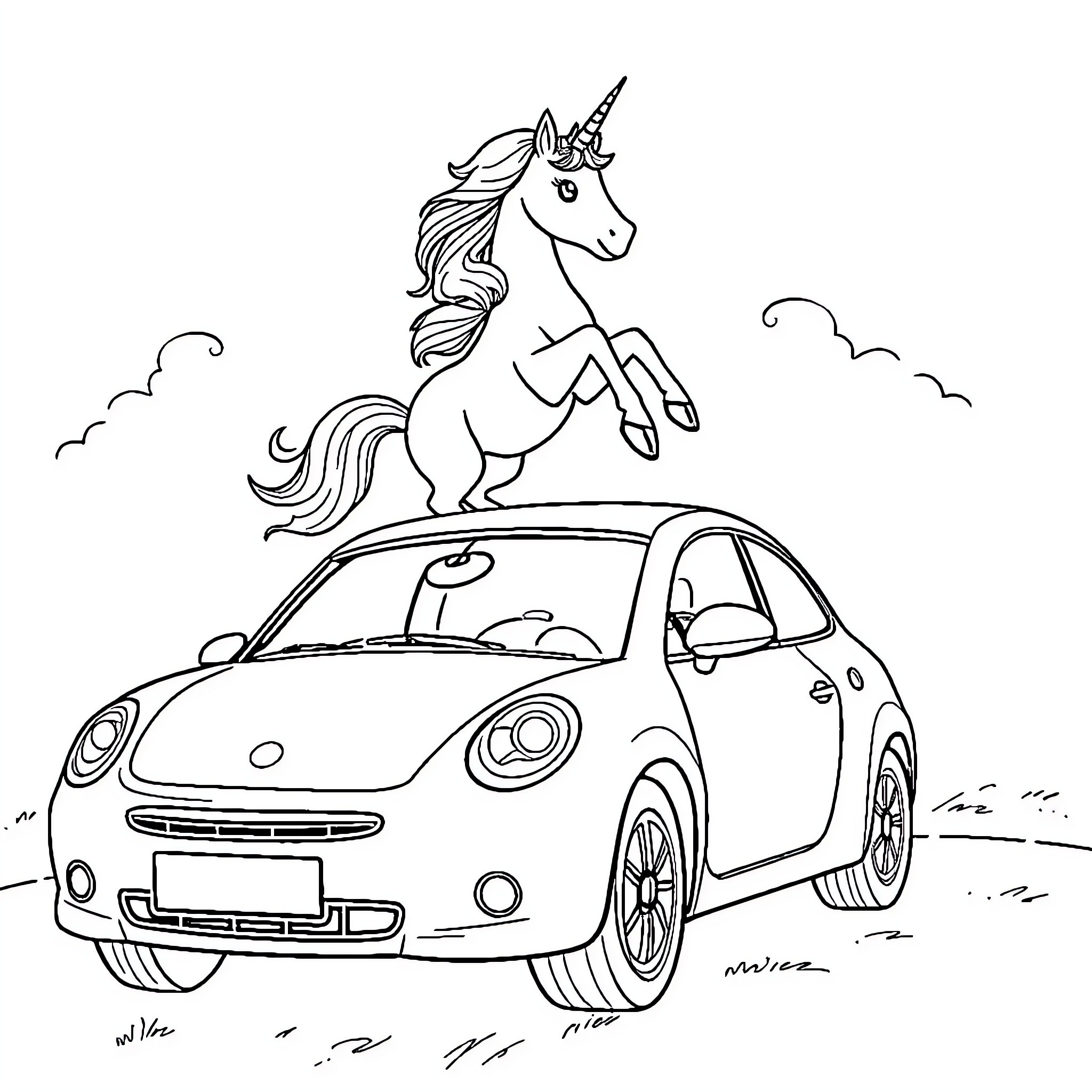 Unicorn riding happily in a compact car Coloring Page (free black-and-white line drawing printable PDF for all, from beginners to advanced learners, including children, teens, adults, and seniors)