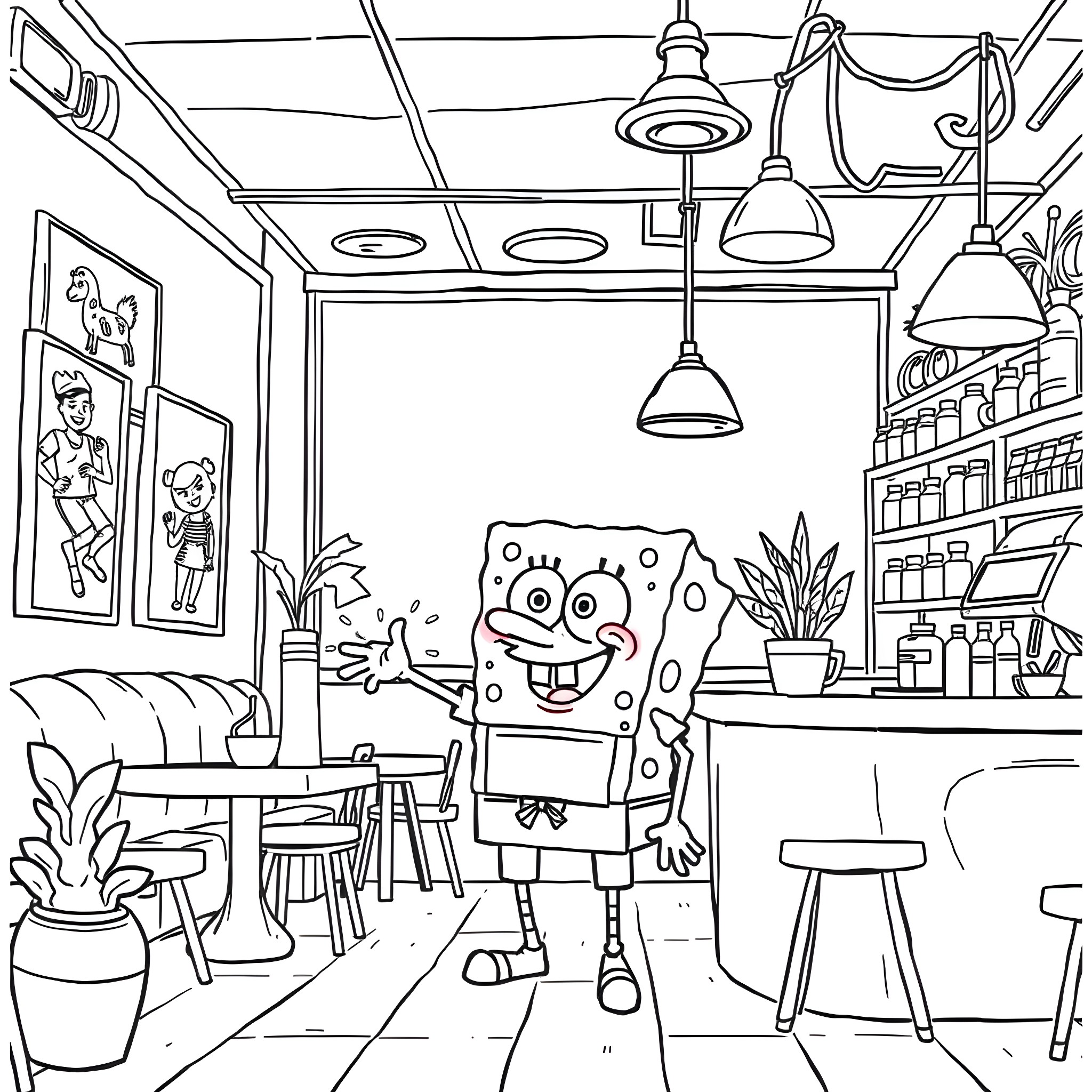 Spongebob in a cozy cafe setting Coloring Page (free black-and-white line drawing printable PDF for all, from beginners to advanced learners, including children, teens, adults, and seniors)