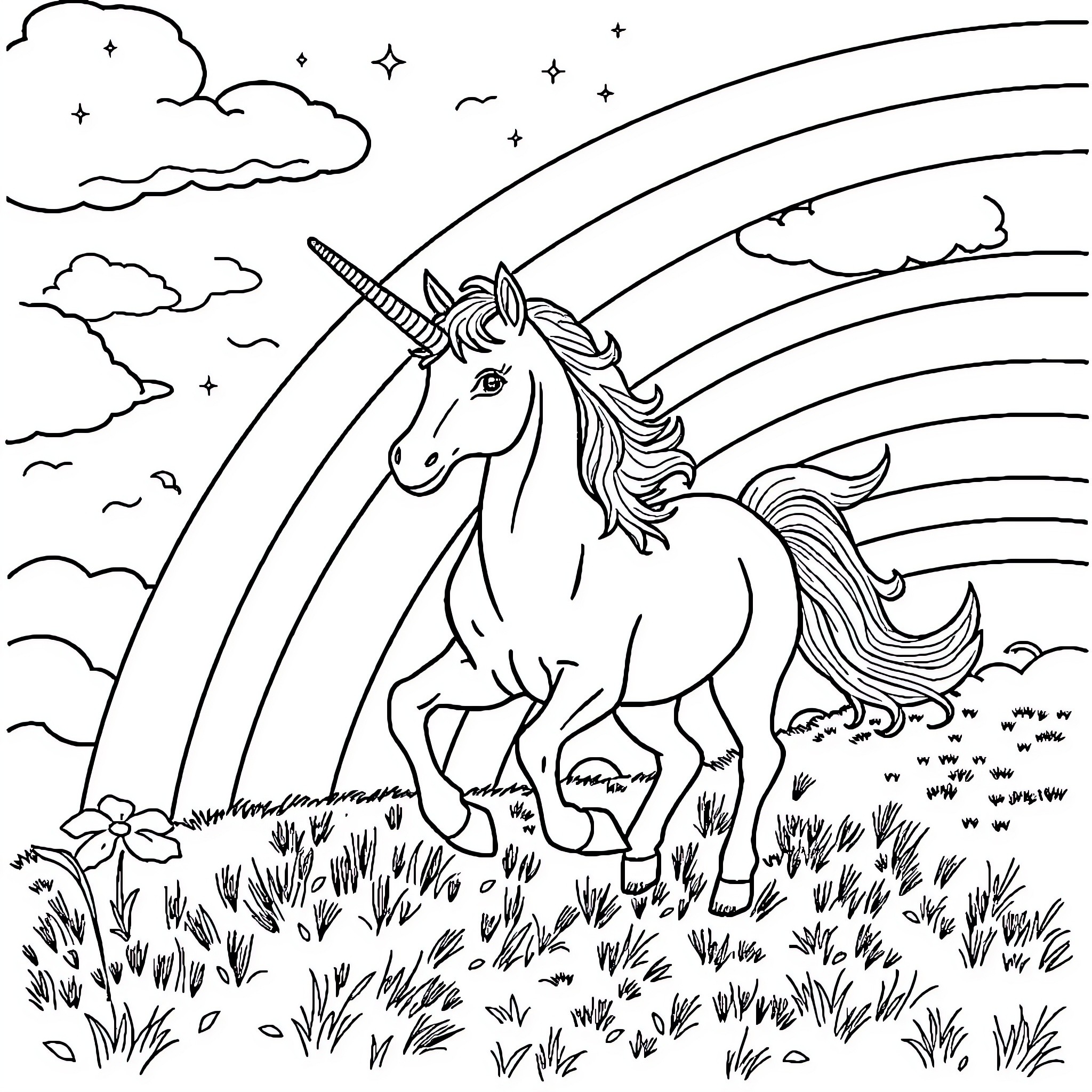 Unicorn running through a magical field at night Coloring Page (free black-and-white line drawing printable PDF for all, from beginners to advanced learners, including children, teens, adults, and seniors)