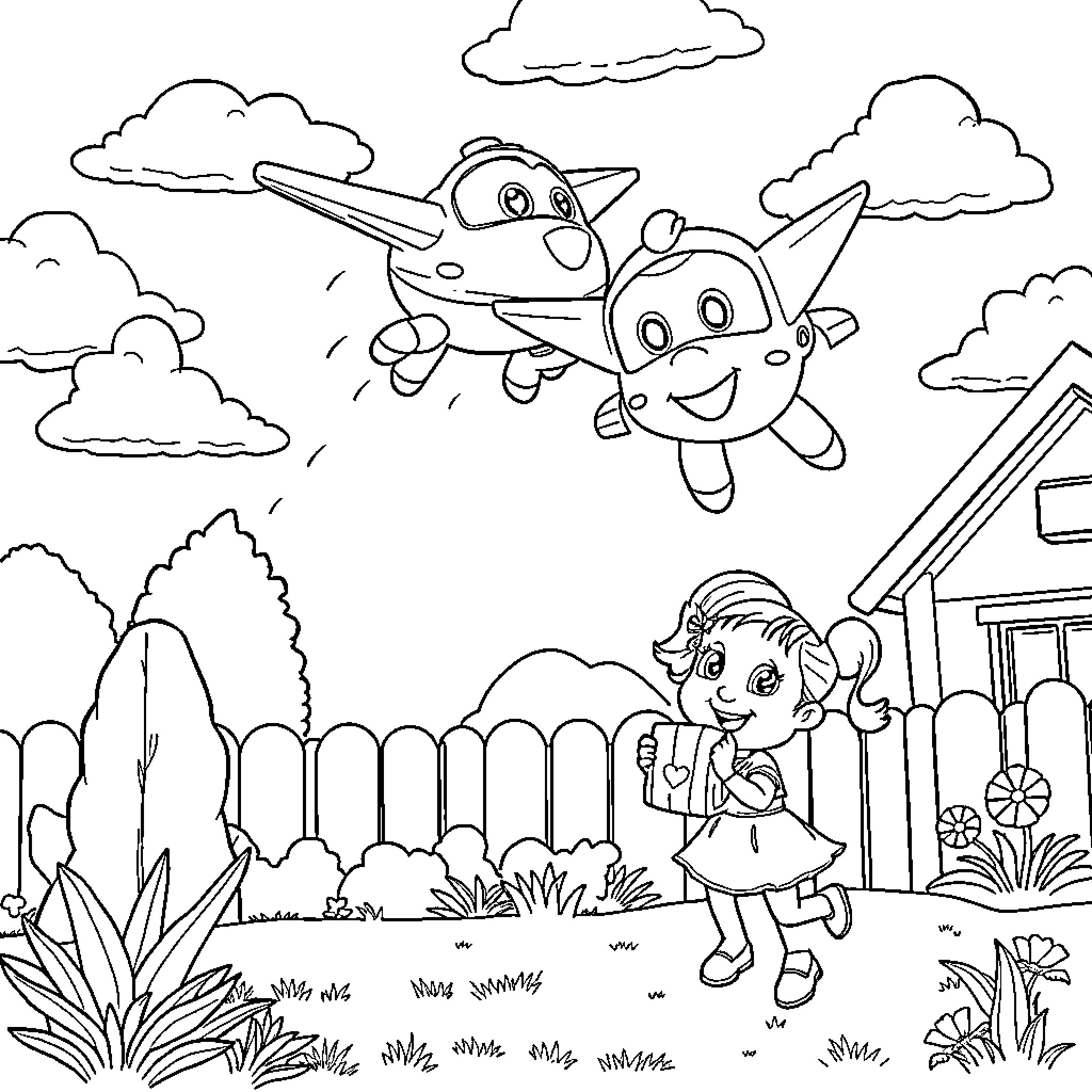 Super Wings characters flying happily in the sky Coloring Page (free black-and-white line drawing printable PDF for all, from beginners to advanced learners, including children, teens, adults, and seniors)