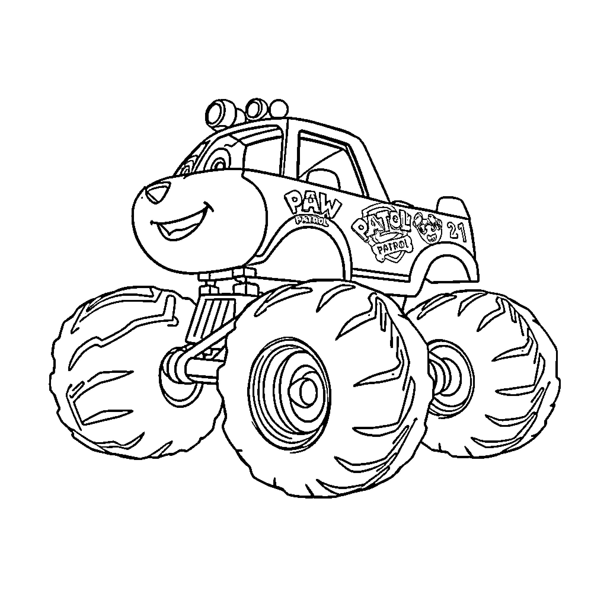 Monster Truck with a smiling face and big tires Coloring Page (free black-and-white line drawing printable PDF for all, from beginners to advanced learners, including children, teens, adults, and seniors)