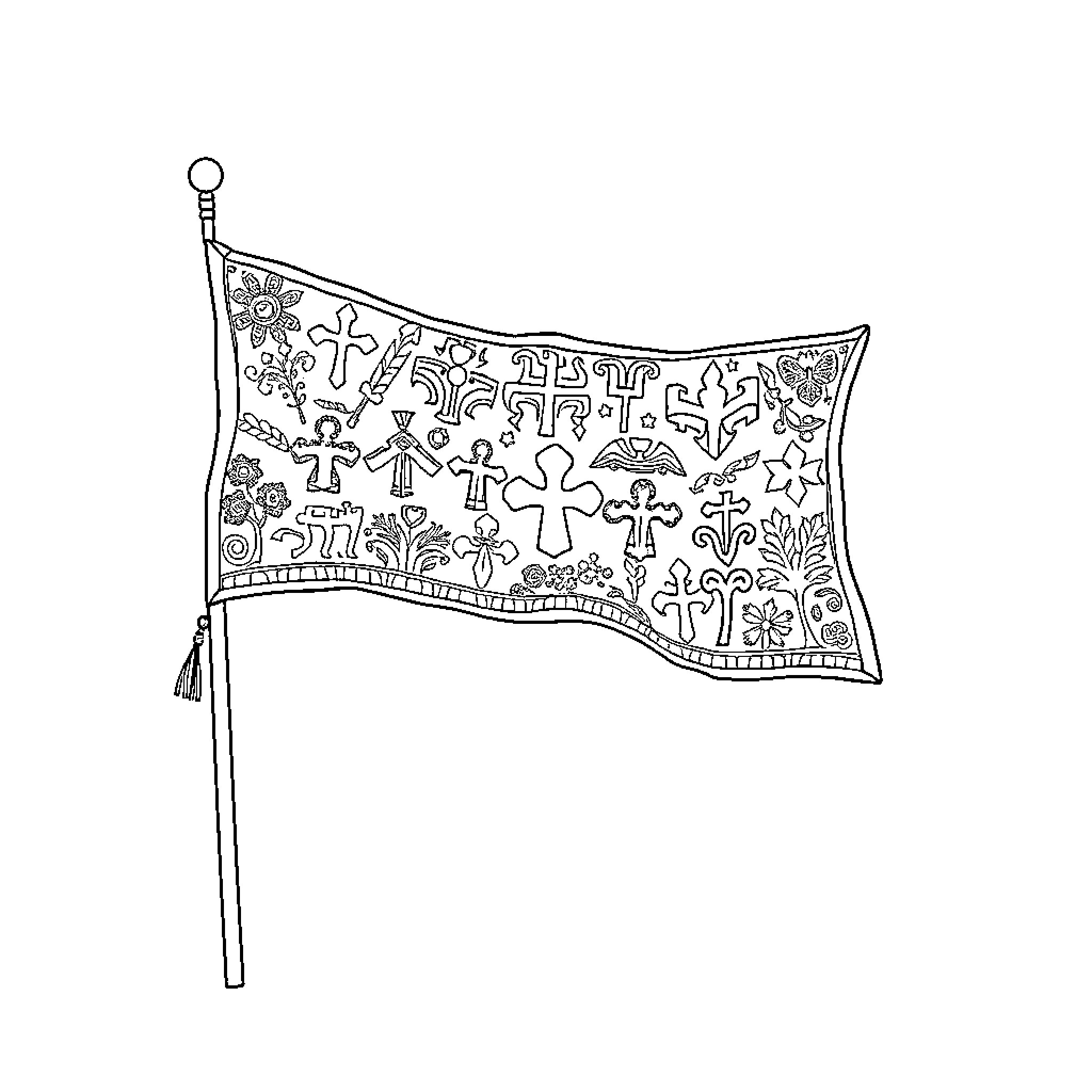 Banner depicting ornate religious symbols and patterns Coloring Page (free black-and-white line drawing printable PDF for all, from beginners to advanced learners, including children, teens, adults, and seniors)