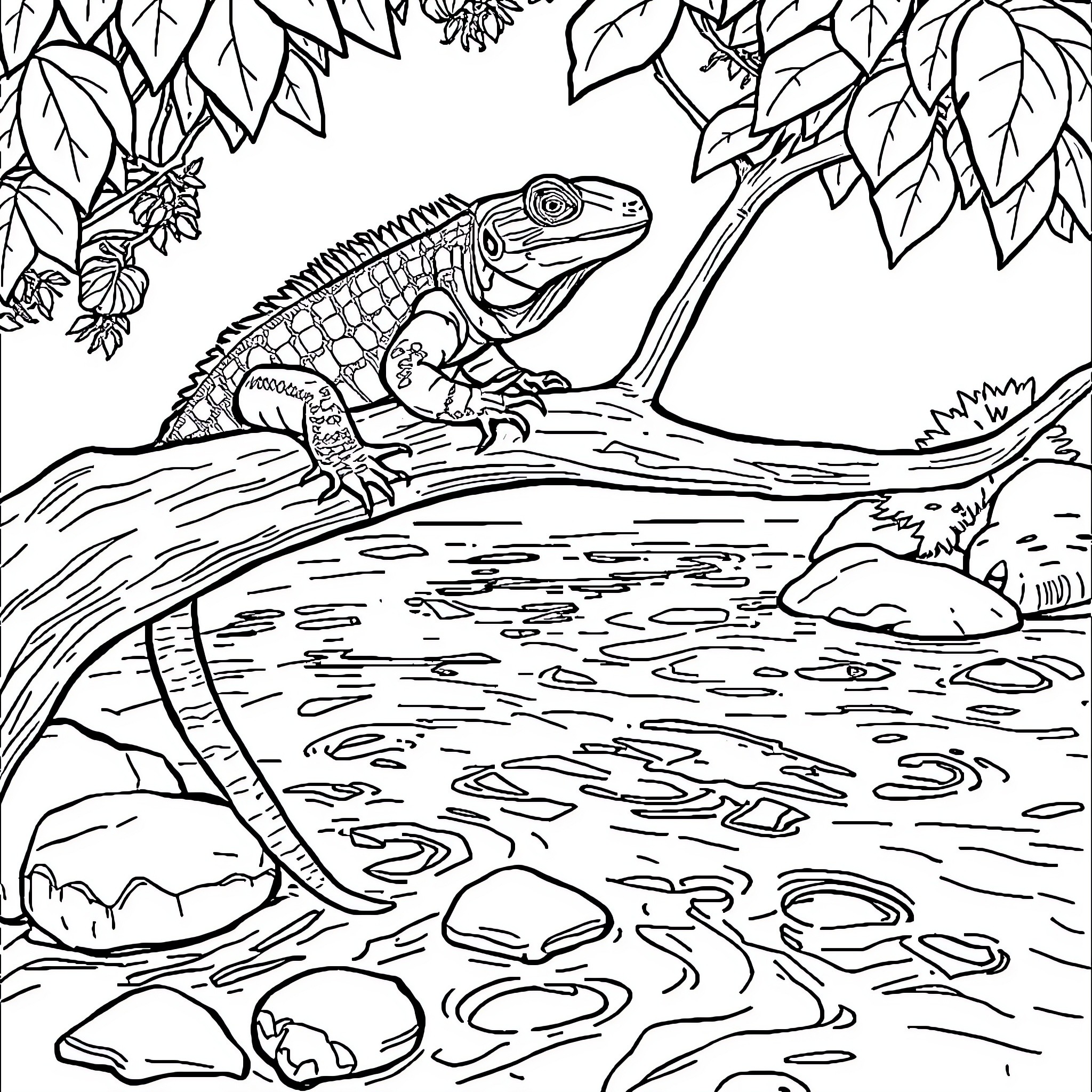 Monitor Lizard enjoying the tranquility of nature Coloring Page (free black-and-white line drawing printable PDF for all, from beginners to advanced learners, including children, teens, adults, and seniors)