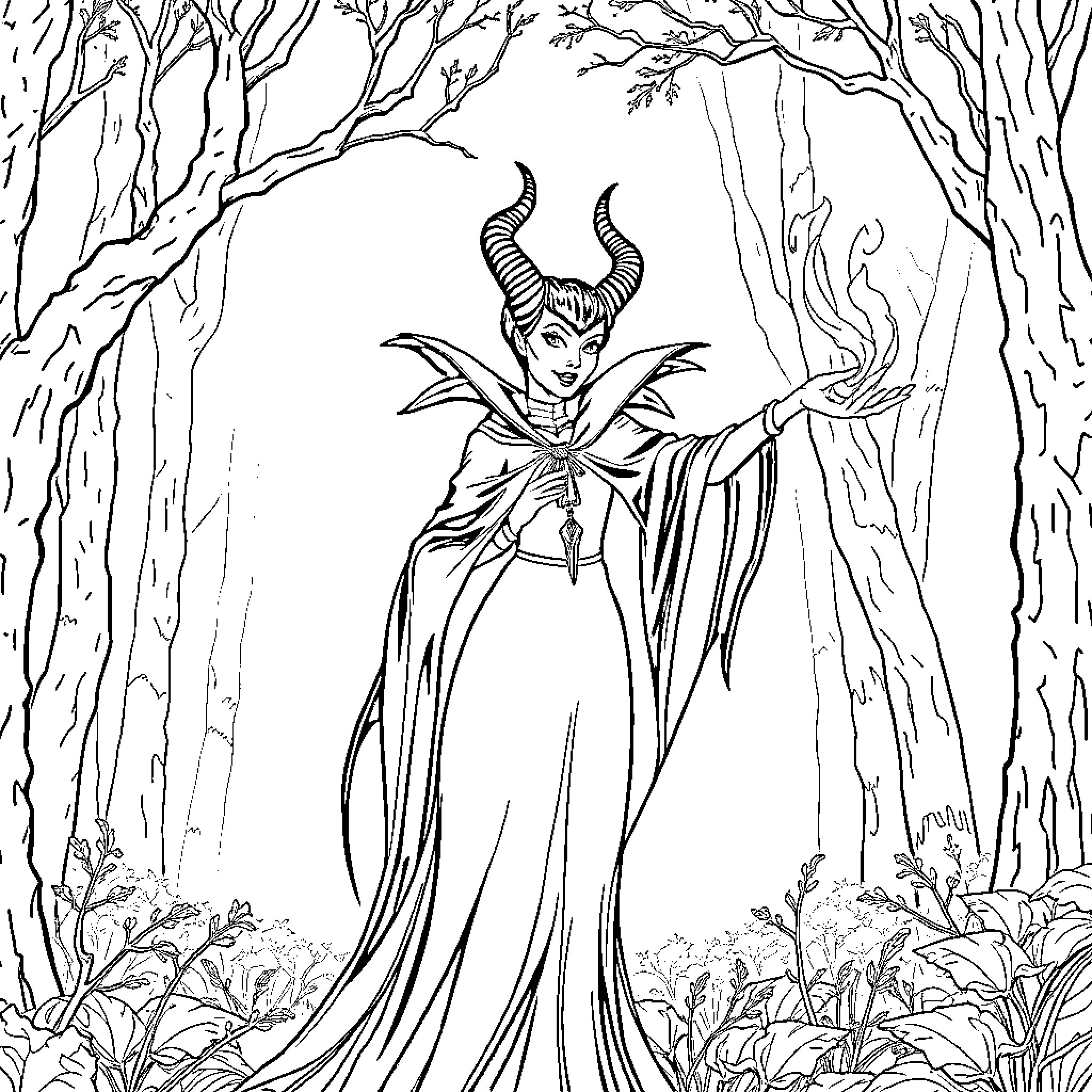 Maleficent: Mystical Figure in Enchanted Forest Coloring Page (free black-and-white line drawing printable PDF for all, from beginners to advanced learners, including children, teens, adults, and seniors)