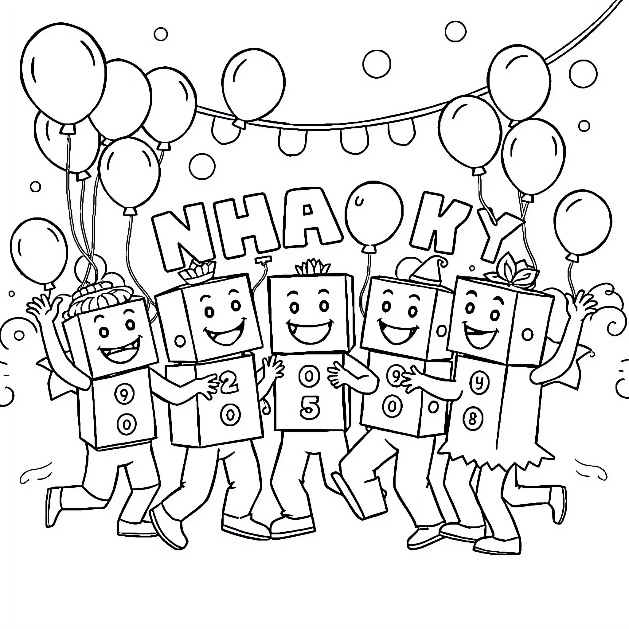Numberblocks celebrating with balloons Coloring Page (free black-and-white line drawing printable PDF for all, from beginners to advanced learners, including children, teens, adults, and seniors)