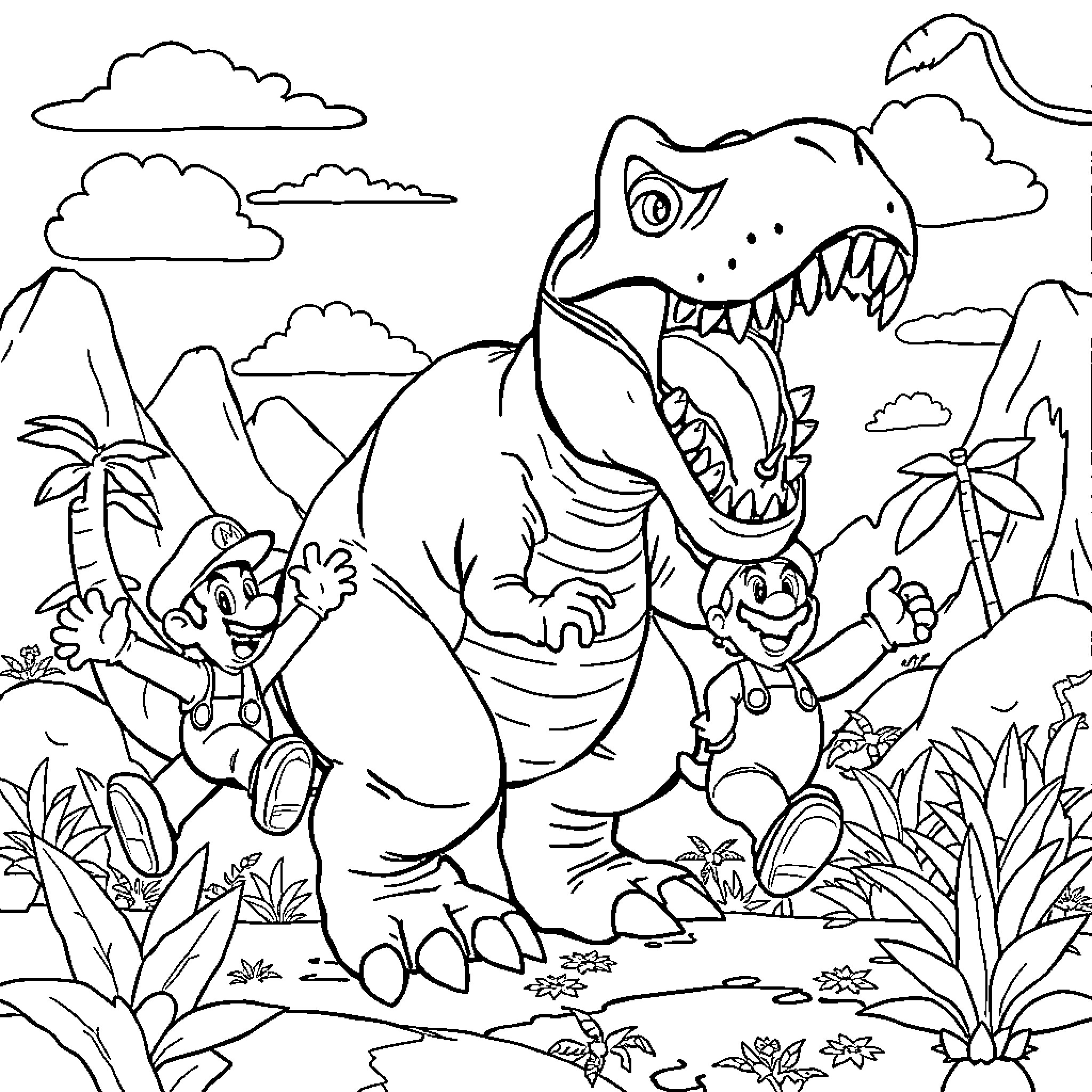 Dinosaur chasing frightened children in the jungle Coloring Page (free black-and-white line drawing printable PDF for all, from beginners to advanced learners, including children, teens, adults, and seniors)