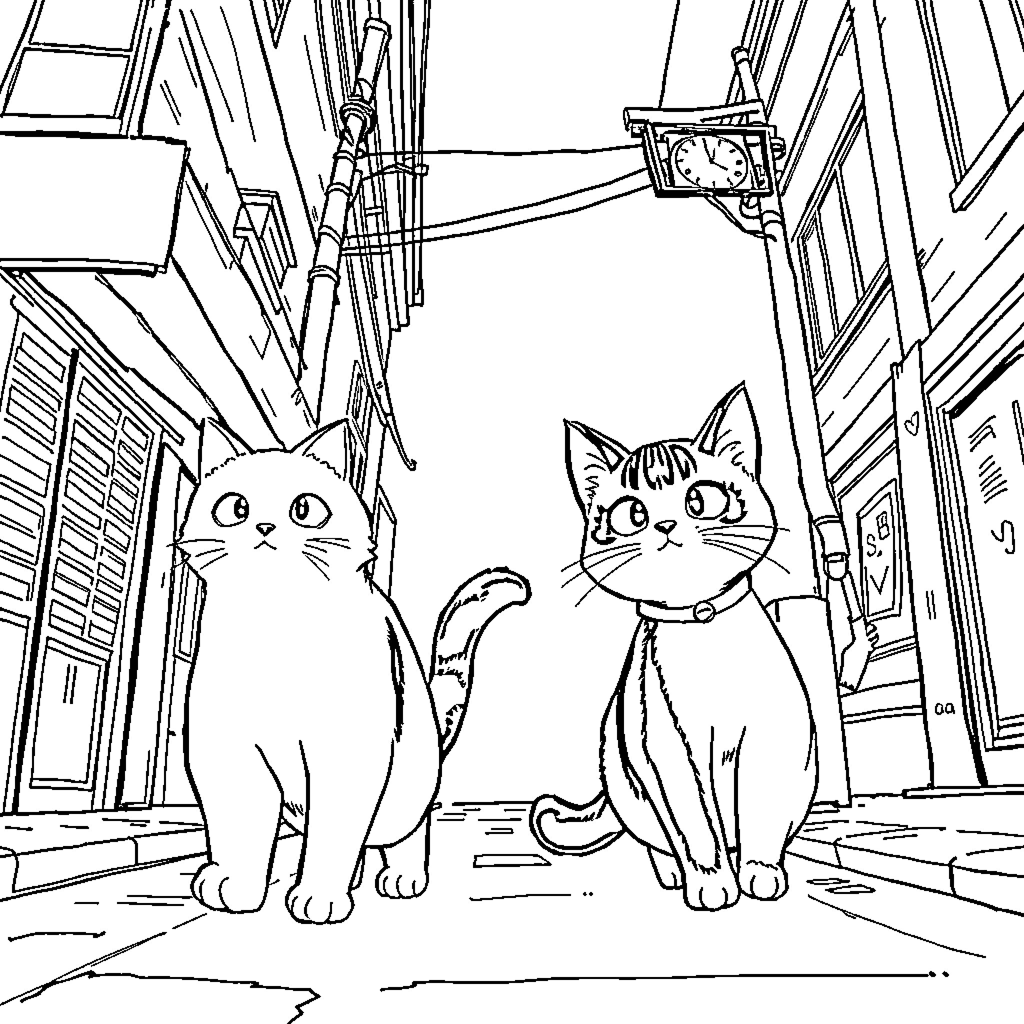 Maruru's Feline Duo Explore the City Streets Coloring Page (free black-and-white line drawing printable PDF for all, from beginners to advanced learners, including children, teens, adults, and seniors)